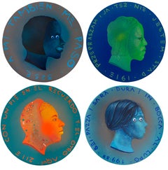 Panneau de quatre pièces de monnaie aux tons bleus - peinture acrylique et techniques mixtes sur Wood