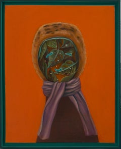 Contemporary Pop Surrealism Portrait. Figure avec une écharpe, des feuilles sèches et des insectes