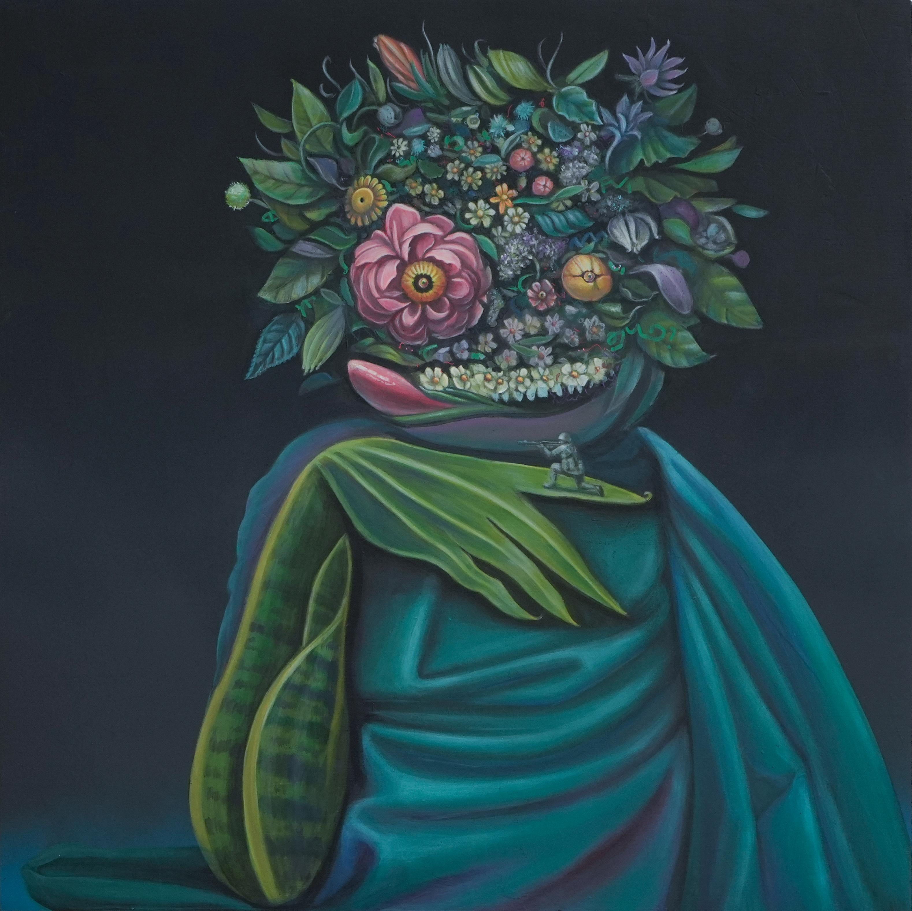 Ritratto botanico surreale con soldatino: pittura figurativa contemporanea
