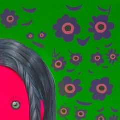 Surreal Figurative Portrait in Vivid Acrylic With Floral Emoji Motifs and Green