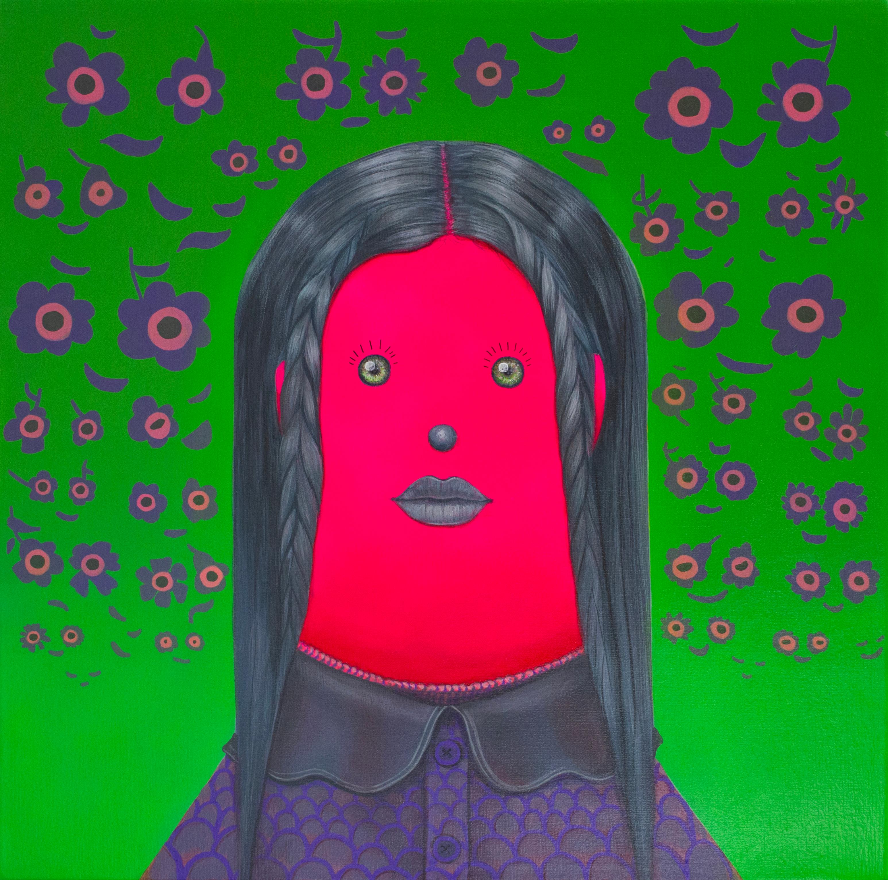 Portrait figuratif surréaliste en acrylique vif avec des motifs floraux Emoji et du vert