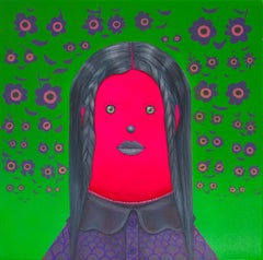 Ritratto figurativo surreale in acrilico vivace con motivi floreali emoji e verde