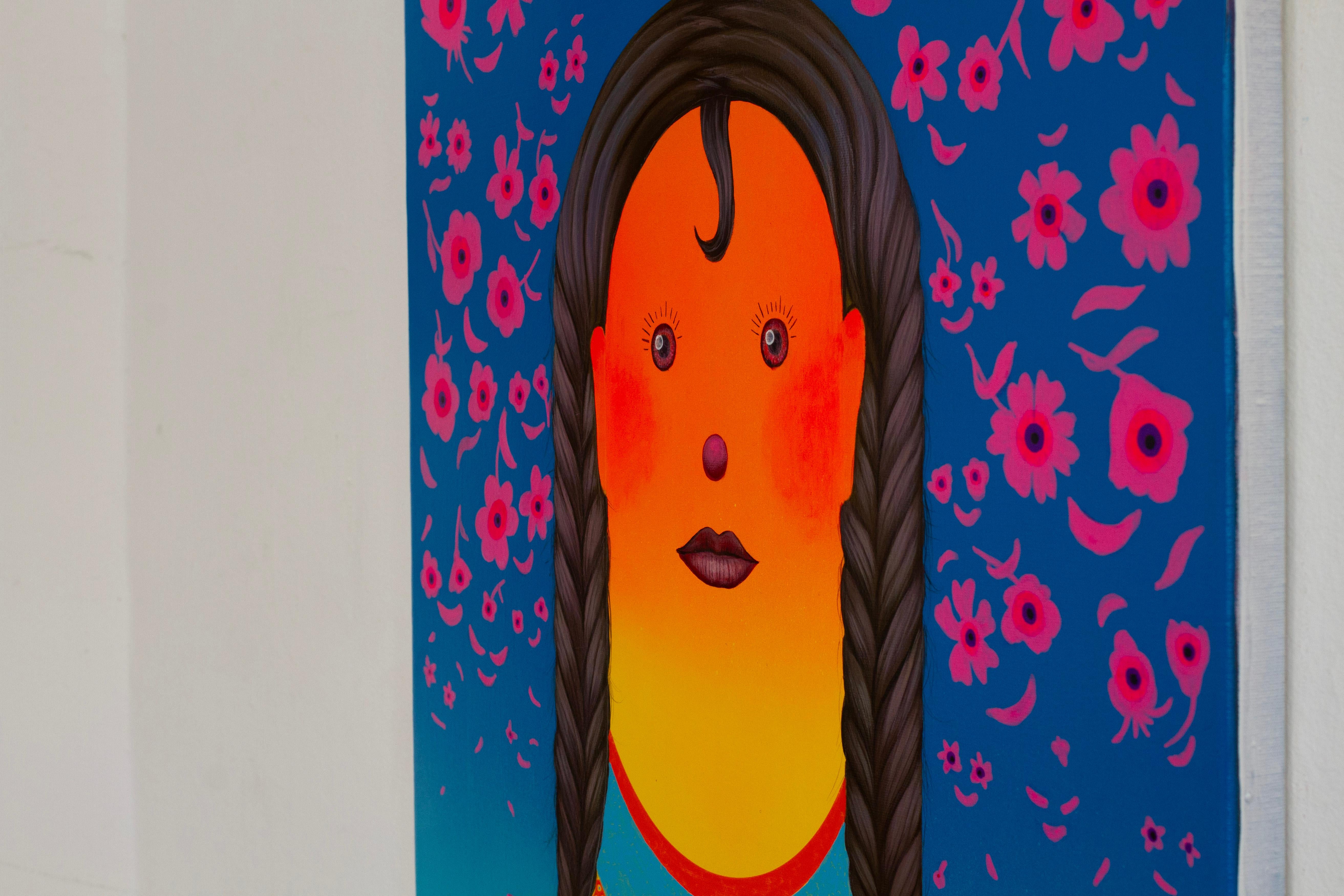 Surreale figurative sieben Porträts Panel in lebendigen Farben mit floralen Emojis im Angebot 5