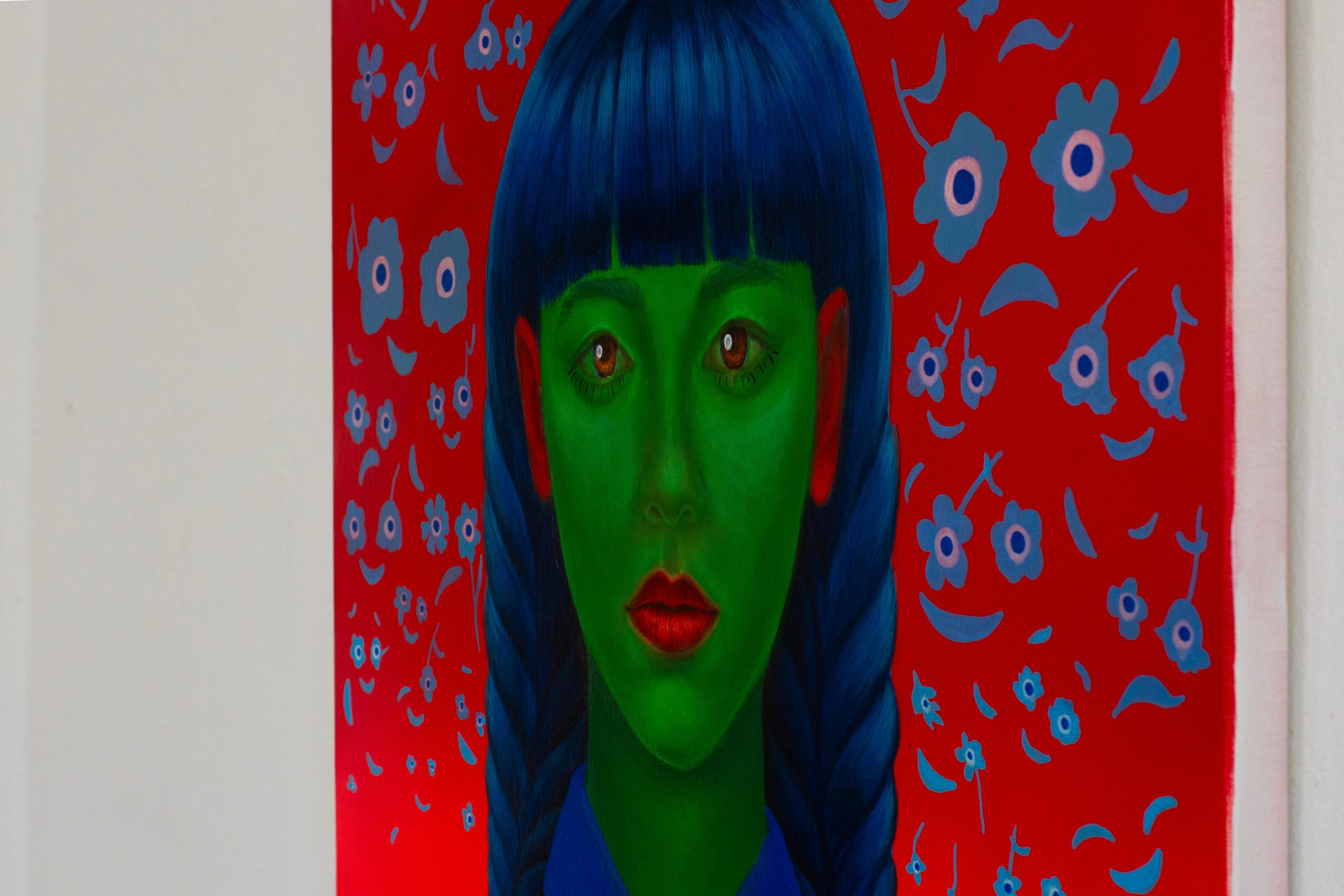 Surreale figurative sieben Porträts Panel in lebendigen Farben mit floralen Emojis im Angebot 6