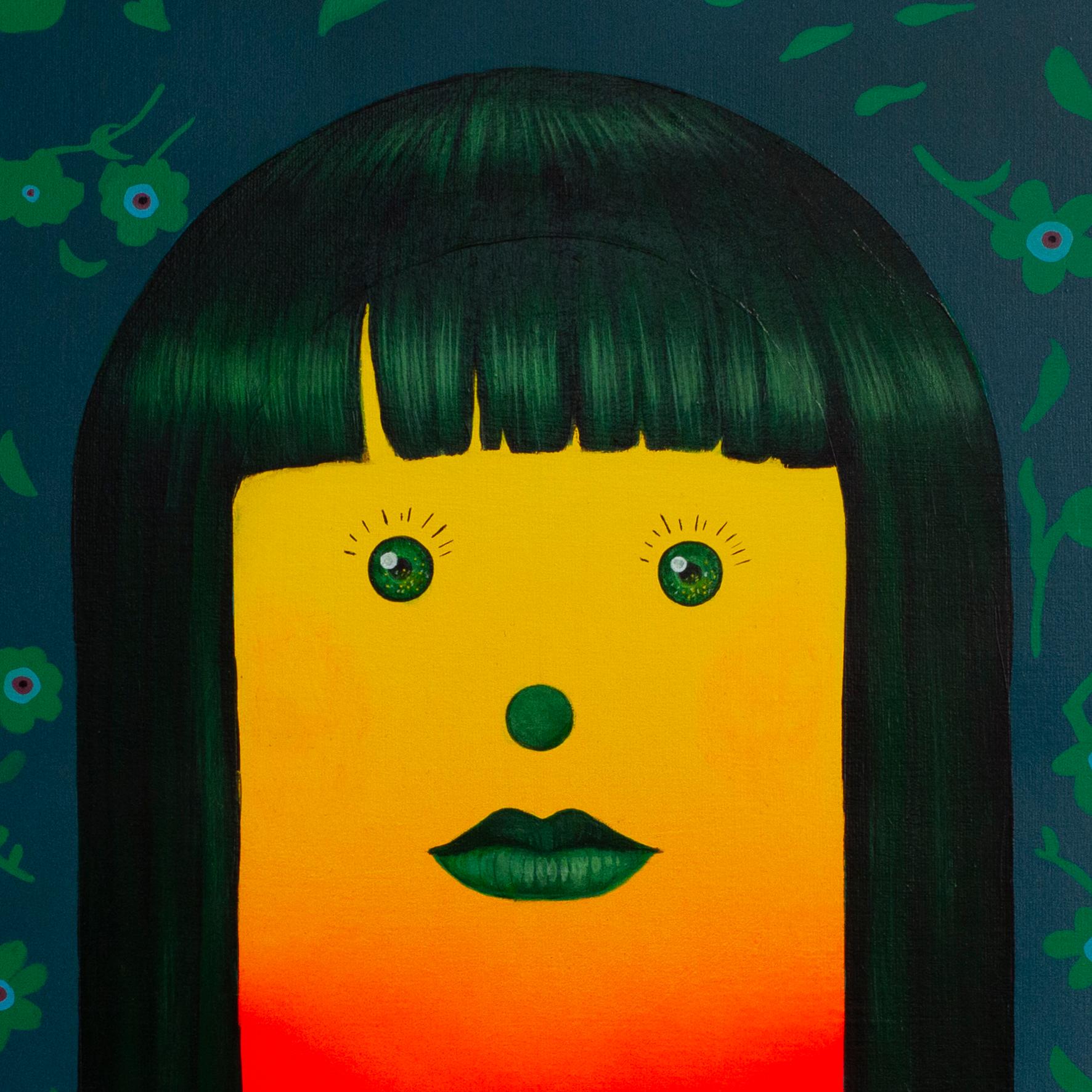 Surreale figurative sieben Porträts Panel in lebendigen Farben mit floralen Emojis im Angebot 8