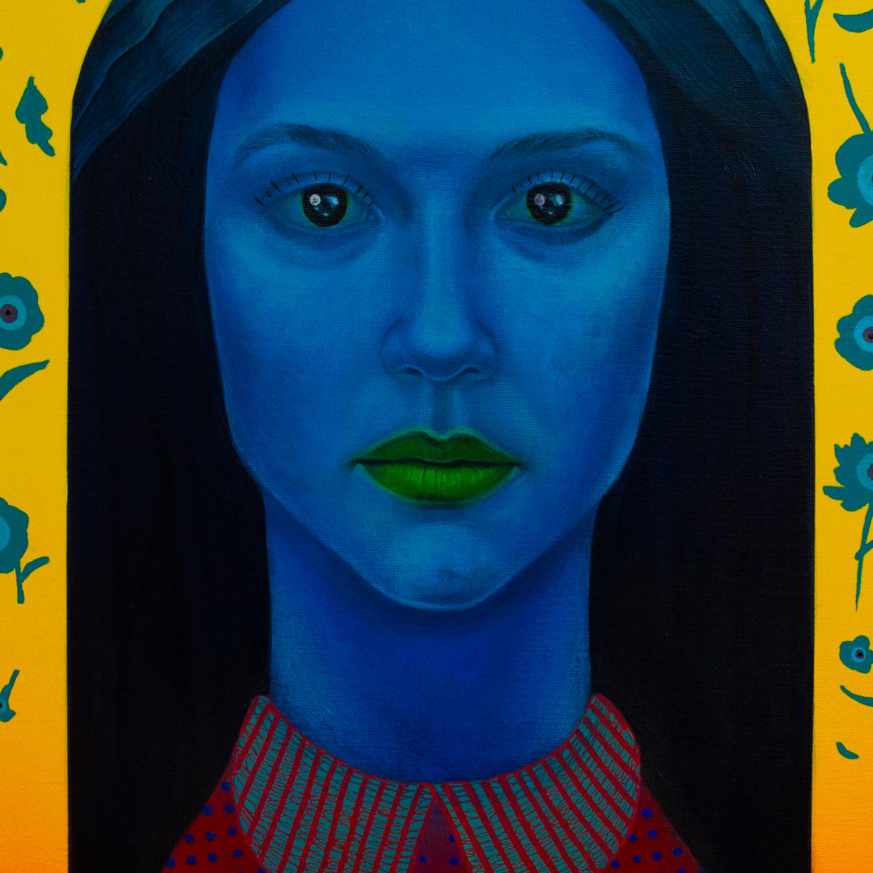 Surreale figurative sieben Porträts Panel in lebendigen Farben mit floralen Emojis im Angebot 9