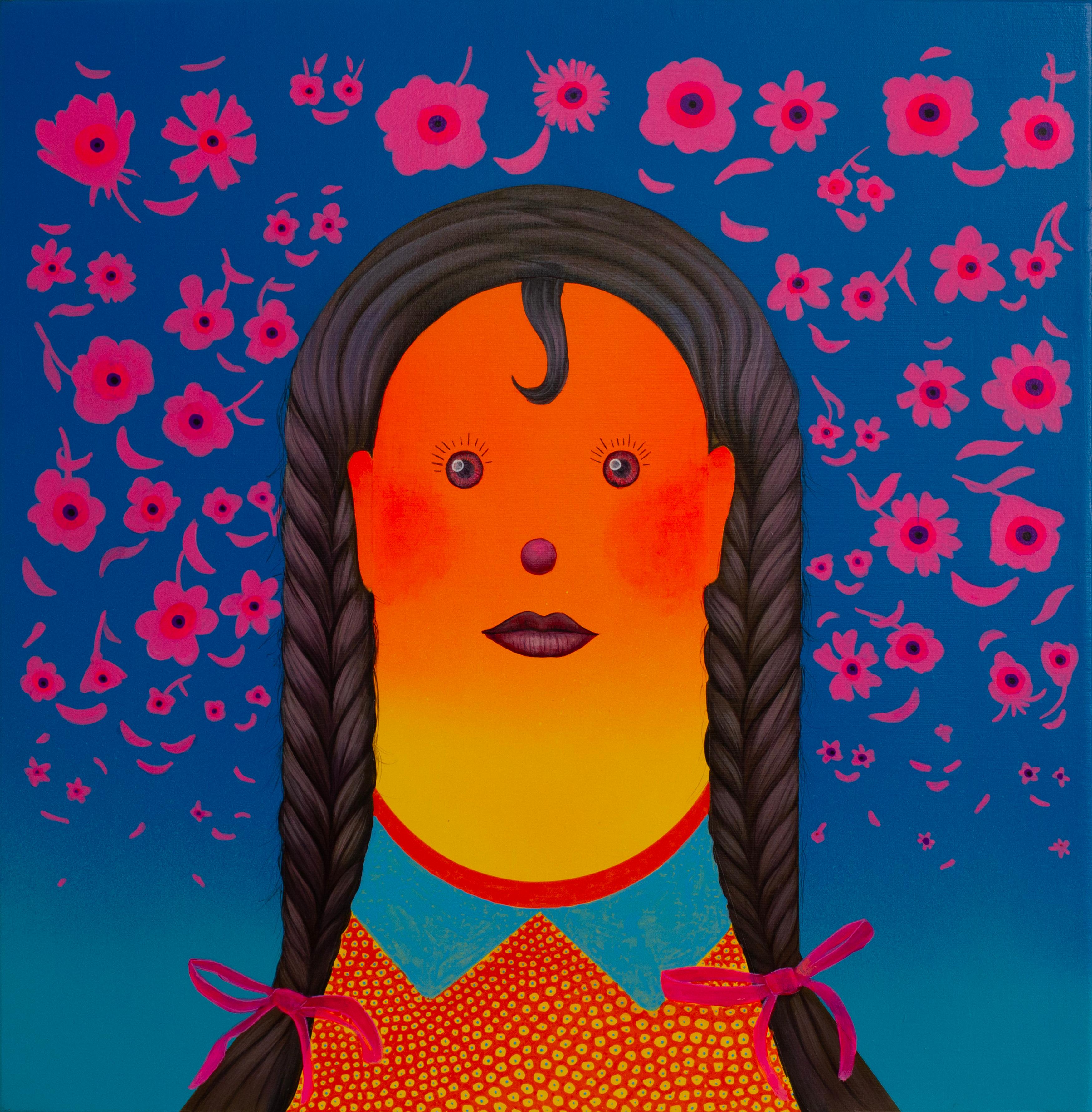 Surreale figurative sieben Porträts Panel in lebendigen Farben mit floralen Emojis – Painting von Natasha Lelenco