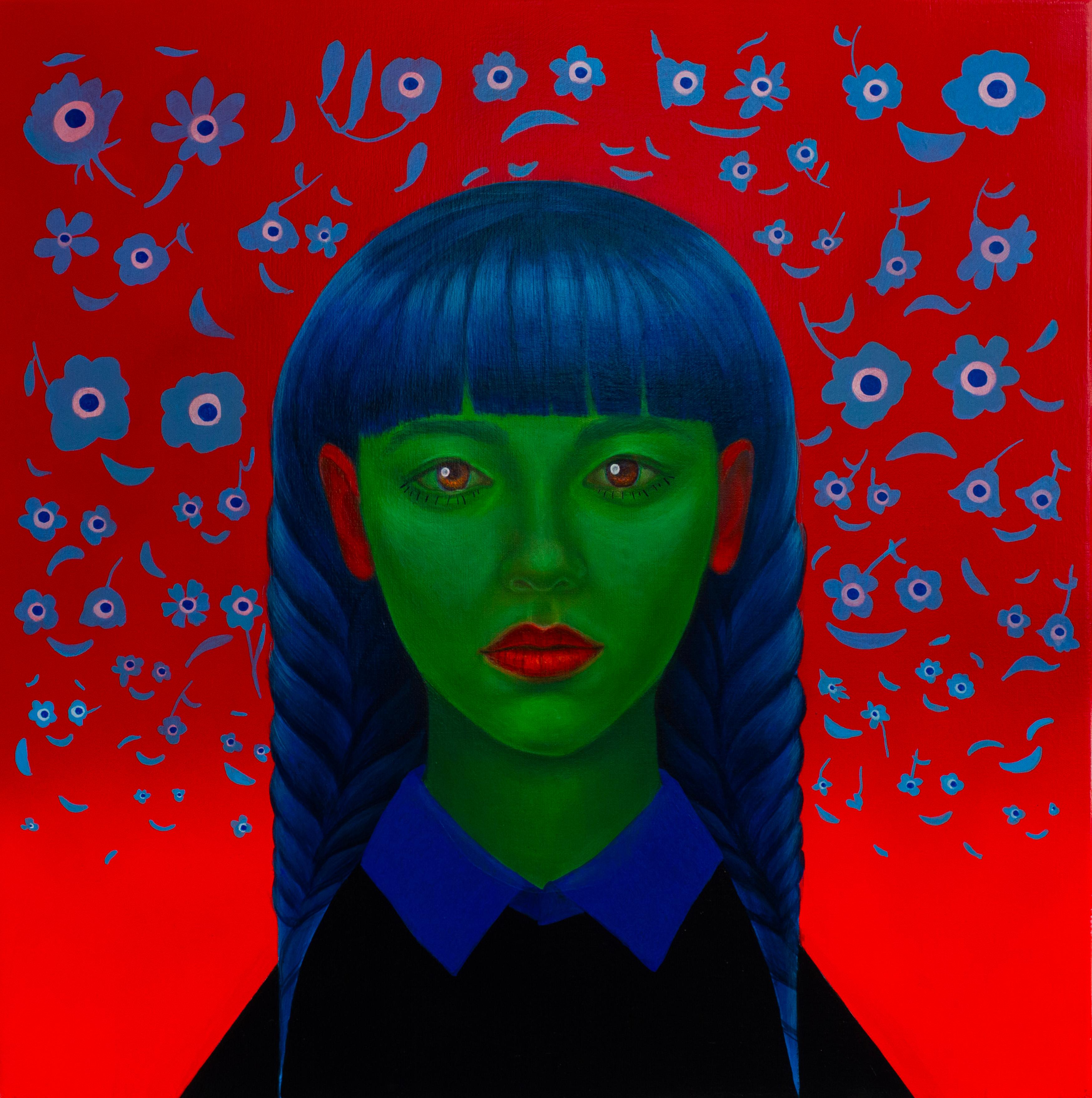 Surreale figurative sieben Porträts Panel in lebendigen Farben mit floralen Emojis (Pop-Art), Painting, von Natasha Lelenco