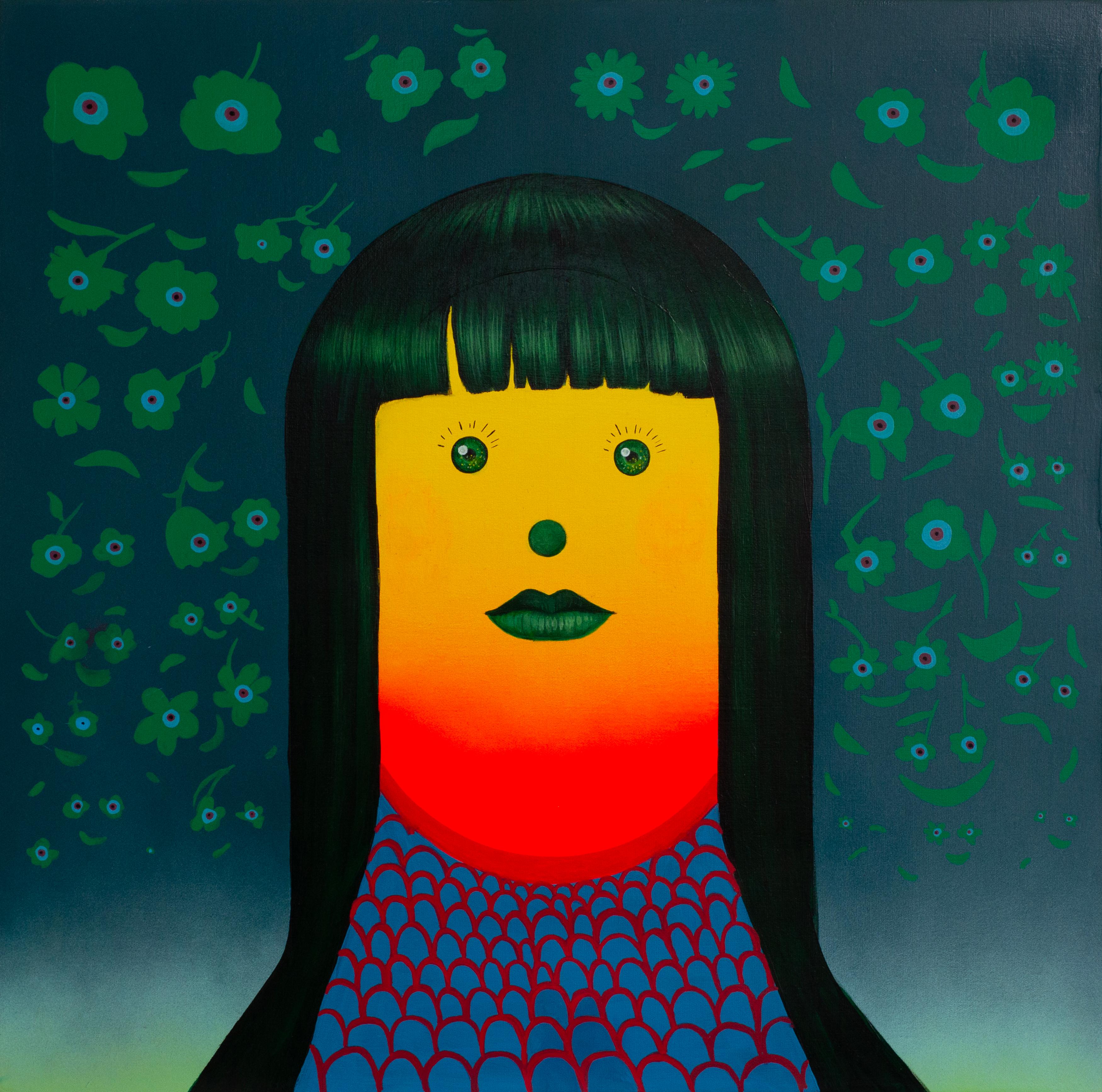 Surreale figurative sieben Porträts Panel in lebendigen Farben mit floralen Emojis (Grau), Portrait Painting, von Natasha Lelenco