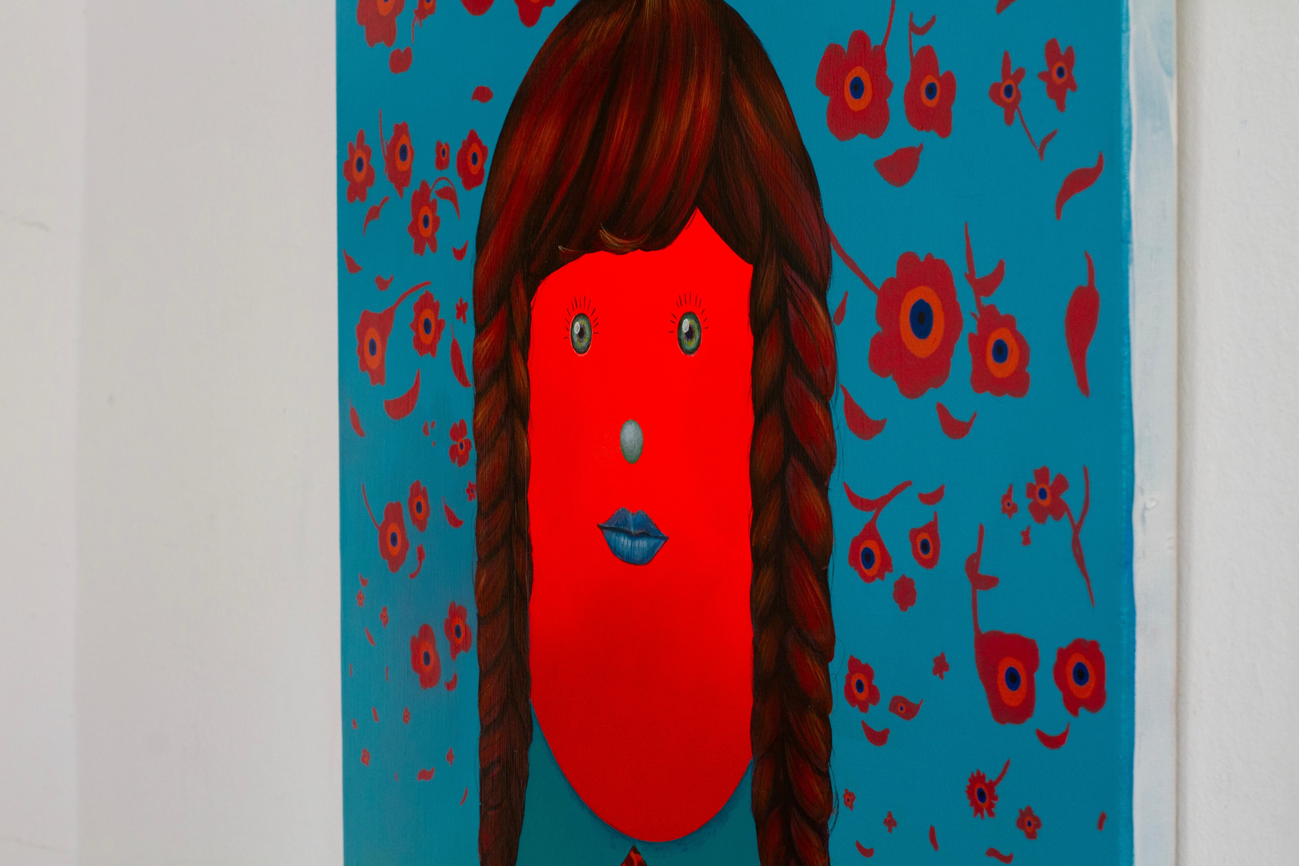 Surreale figurative sieben Porträts Panel in lebendigen Farben mit floralen Emojis im Angebot 4