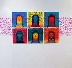 Pannello Surreale Figurativo Sette Ritratti dai colori vivaci con Emoji Floreali