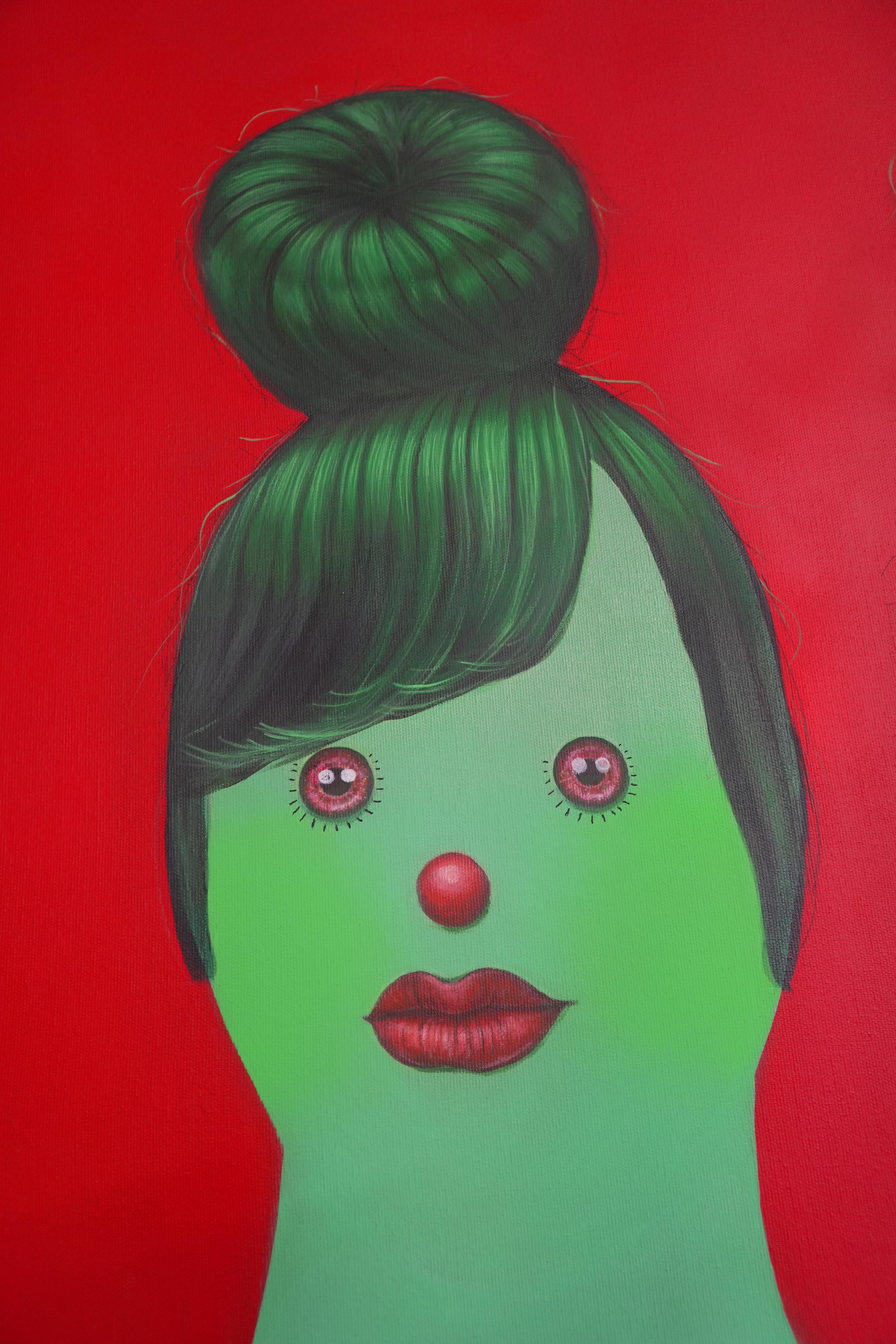 Ritratto in acrilico su tela - Doppia figura femminile con viso verde e natura morta - Painting di Natasha Lelenco
