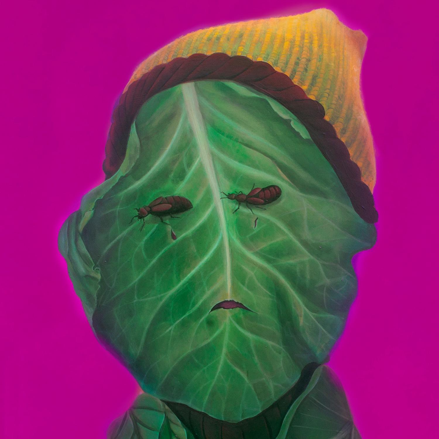 Contemporary Pop Surrealist Portrait. Cabbage Face with a Yellow  Hat - Painting by Natasha Lelenco