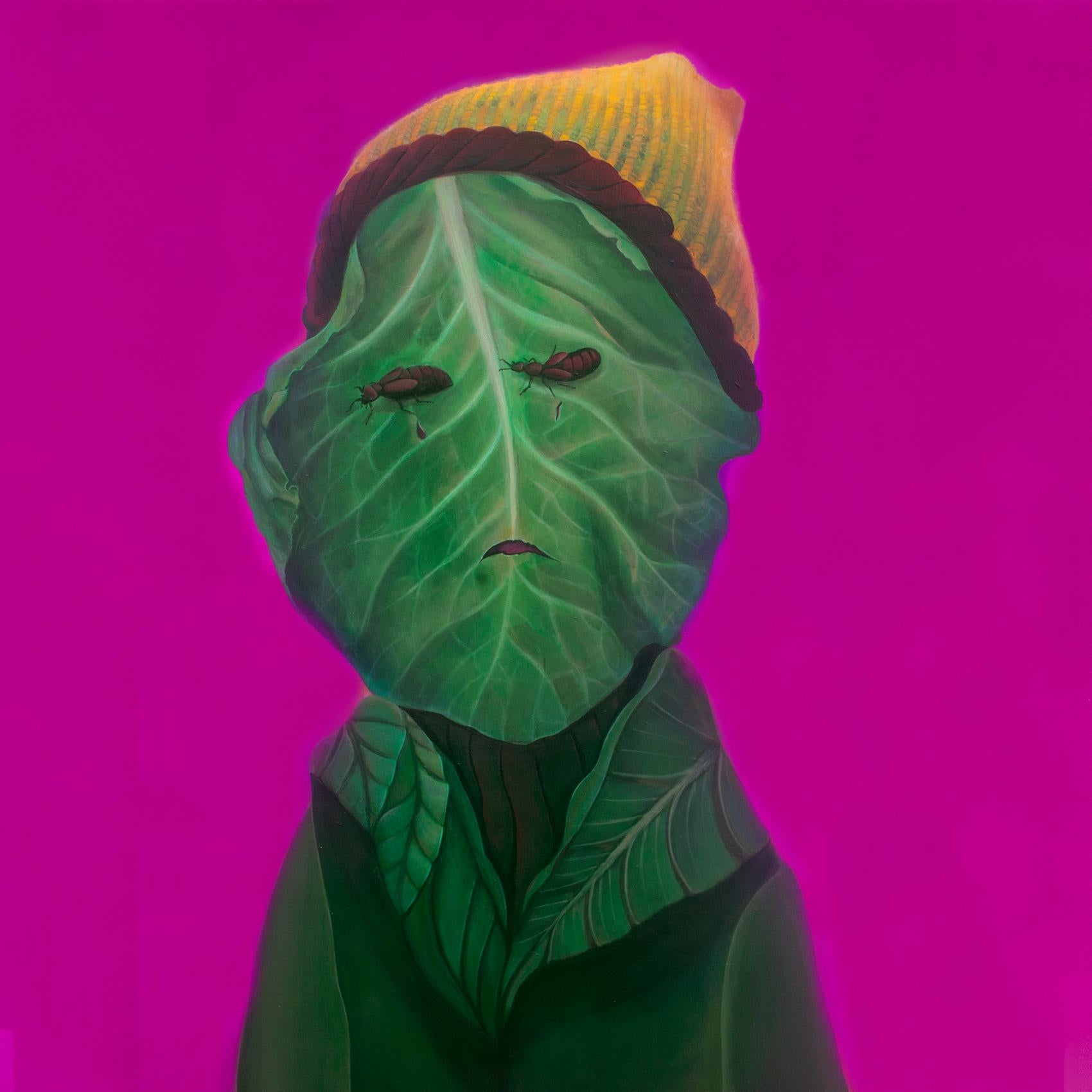 Natasha Lelenco Figurative Painting - Contemporary Pop Surrealist Portrait. Cabbage Face with a Yellow  Hat