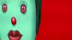 Twin Female Portrait Painting with Apples Pop Surrealist Acrylic on Framed Board