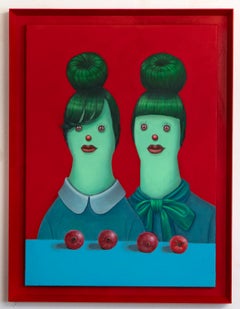 Twin Female Portrait Painting with Apples Pop Surrealist Acrylic on Framed Board