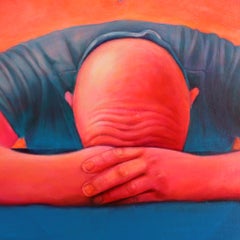 Vibrant Acrylic Pop Portrait. Pink Male Figure with Botanical Motifs and Apple