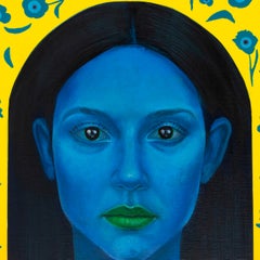 Blue Acrylic Portrait on Yellow Background with Floral Emoji Motifs, 55cm