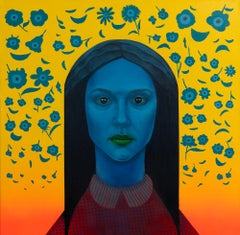 Retrato Azul Vibrante Con Motivos Florales Sobre Lienzo Amarillo, Arwork Original, 2024