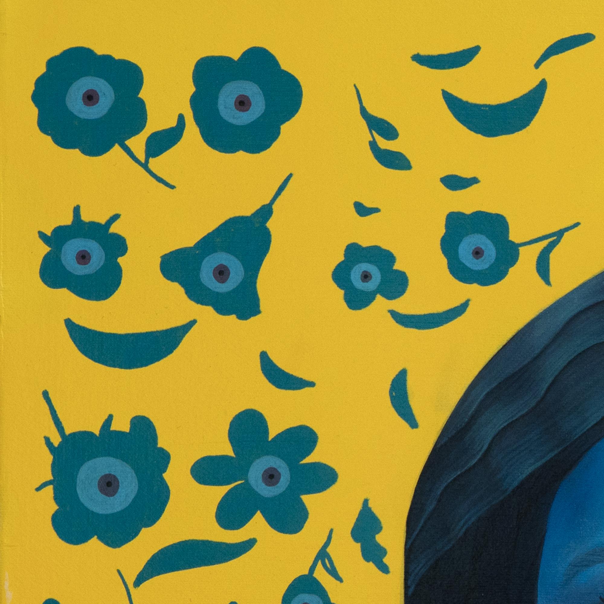 Retrato Azul Vibrante Con Motivos Florales Sobre Lienzo Amarillo, Arwork Original, 2024 - Portrait Painting Negro de Natasha Lelenco