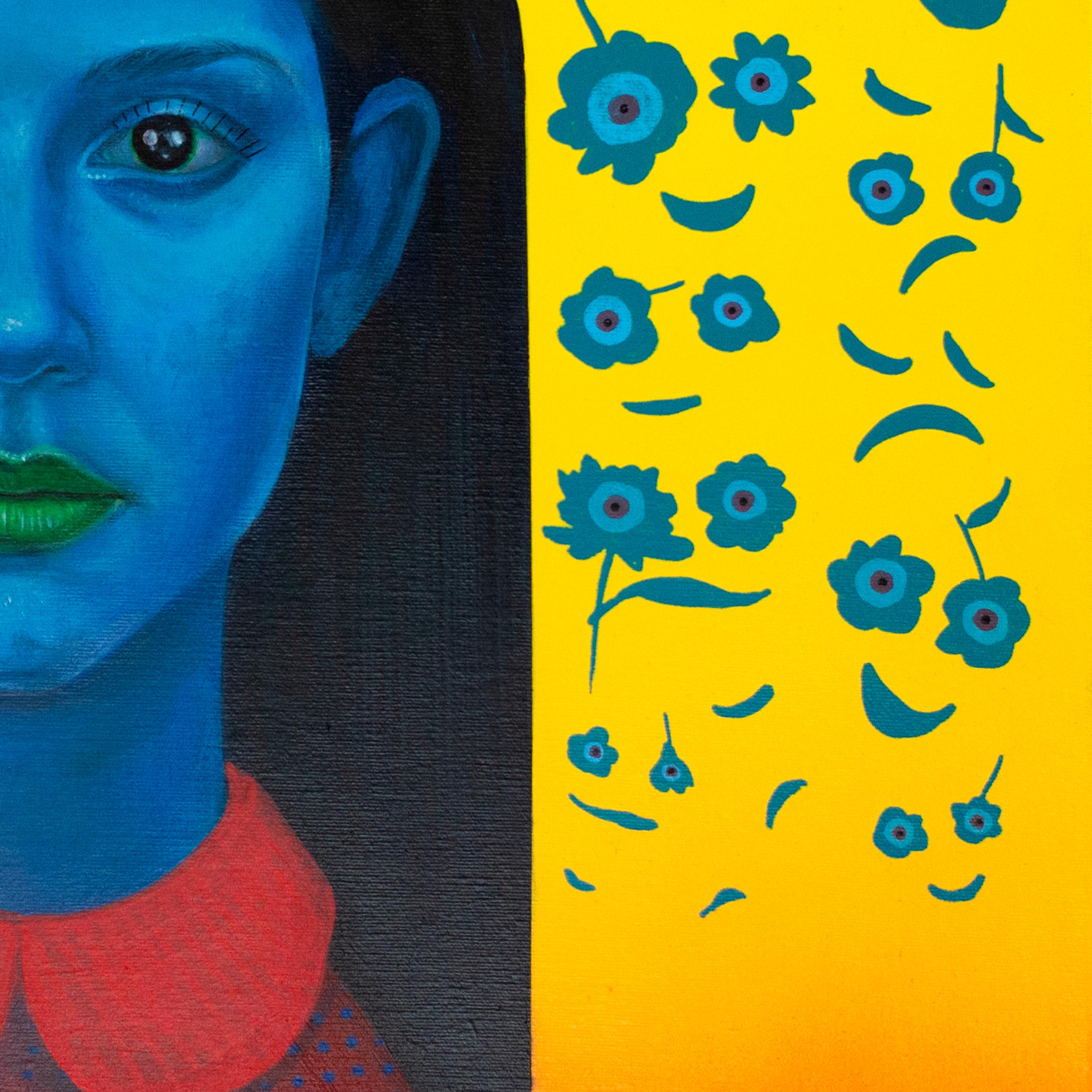 Portrait bleu vibrant avec motifs floraux sur toile jaune, œuvre d'origine, 2024 - Noir Portrait Painting par Natasha Lelenco