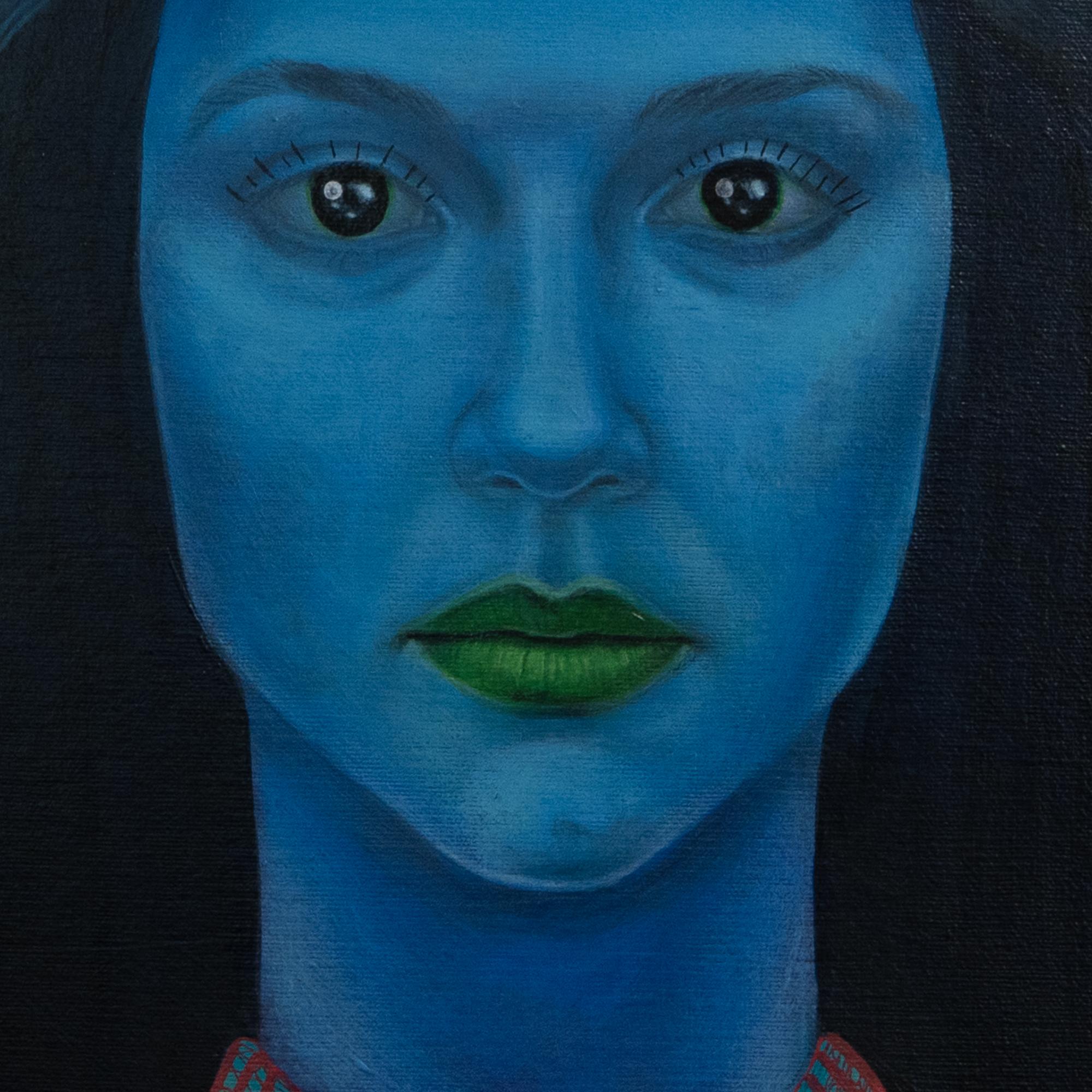 Esta pintura acrílica, que forma parte de la serie You Are the One de Natasha Lelenco, presenta un retrato vívido y surrealista de una figura femenina central con un rostro azul brillante, enmarcado por un elegante cabello negro, sobre un luminoso