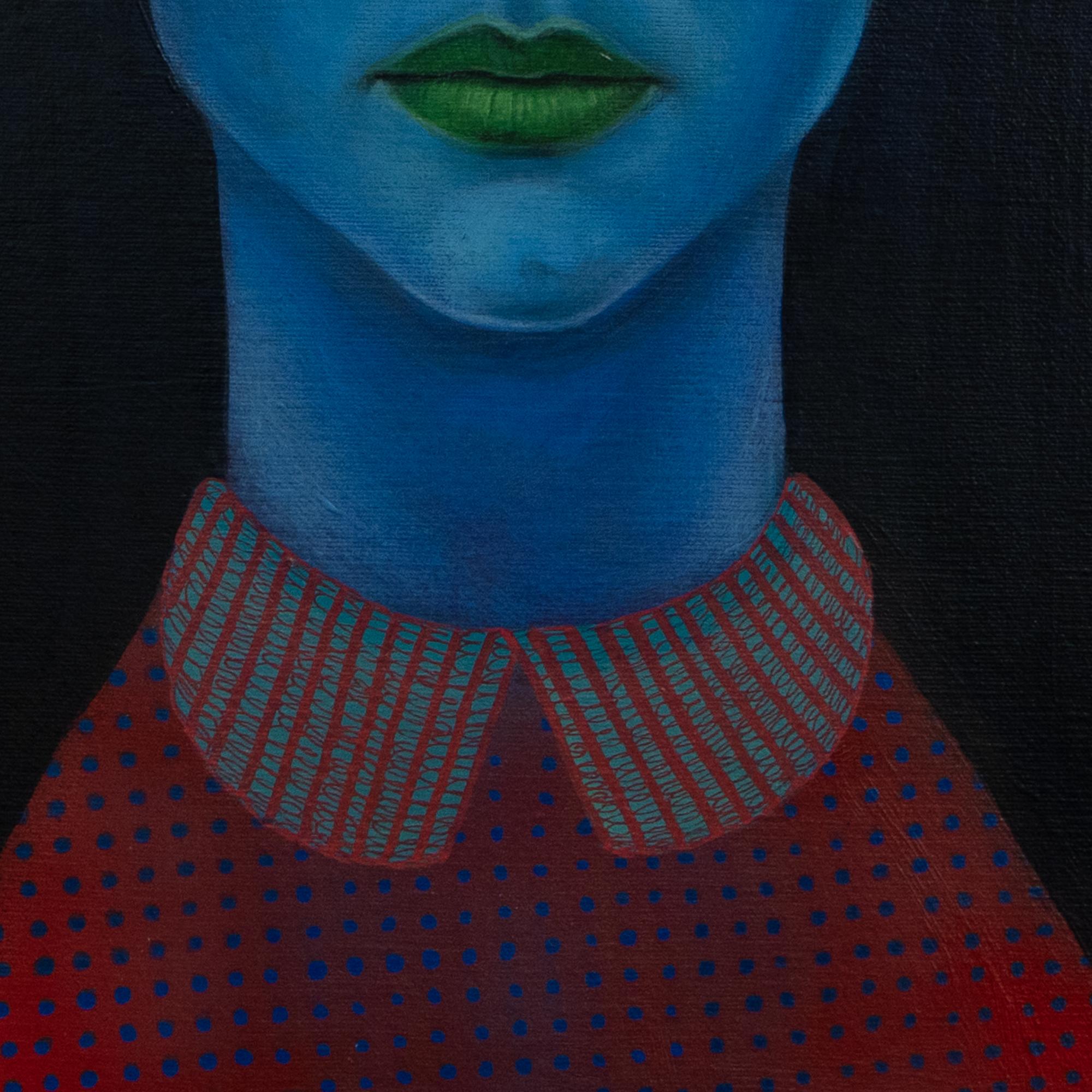 Retrato Azul Vibrante Con Motivos Florales Sobre Lienzo Amarillo, Arwork Original, 2024 en venta 1