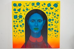 Blue Pop Surreal Portrait with Floral Symbols, Acrylic Painting on Canvas