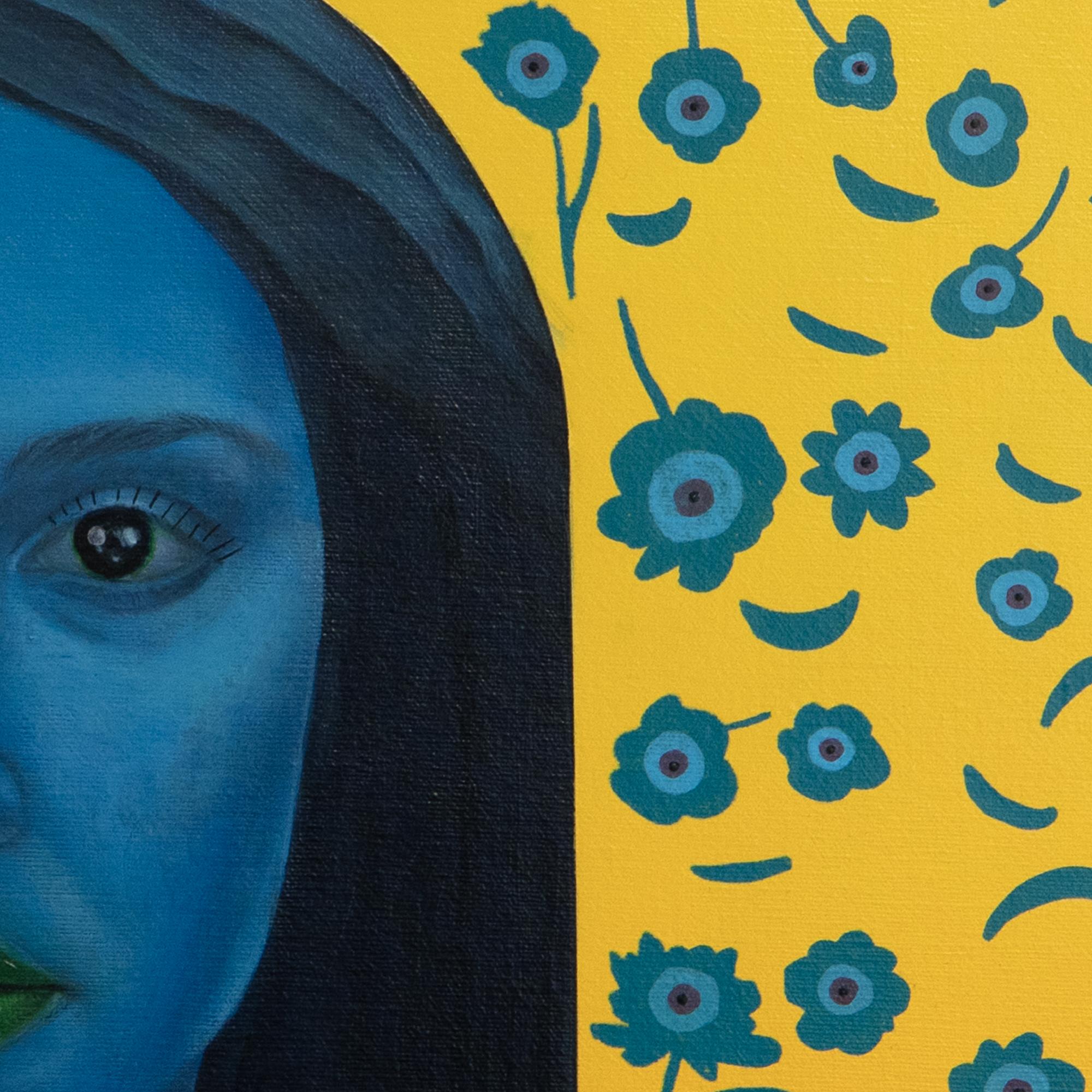 Retrato Azul Vibrante Con Motivos Florales Sobre Lienzo Amarillo, Arwork Original, 2024 en venta 2