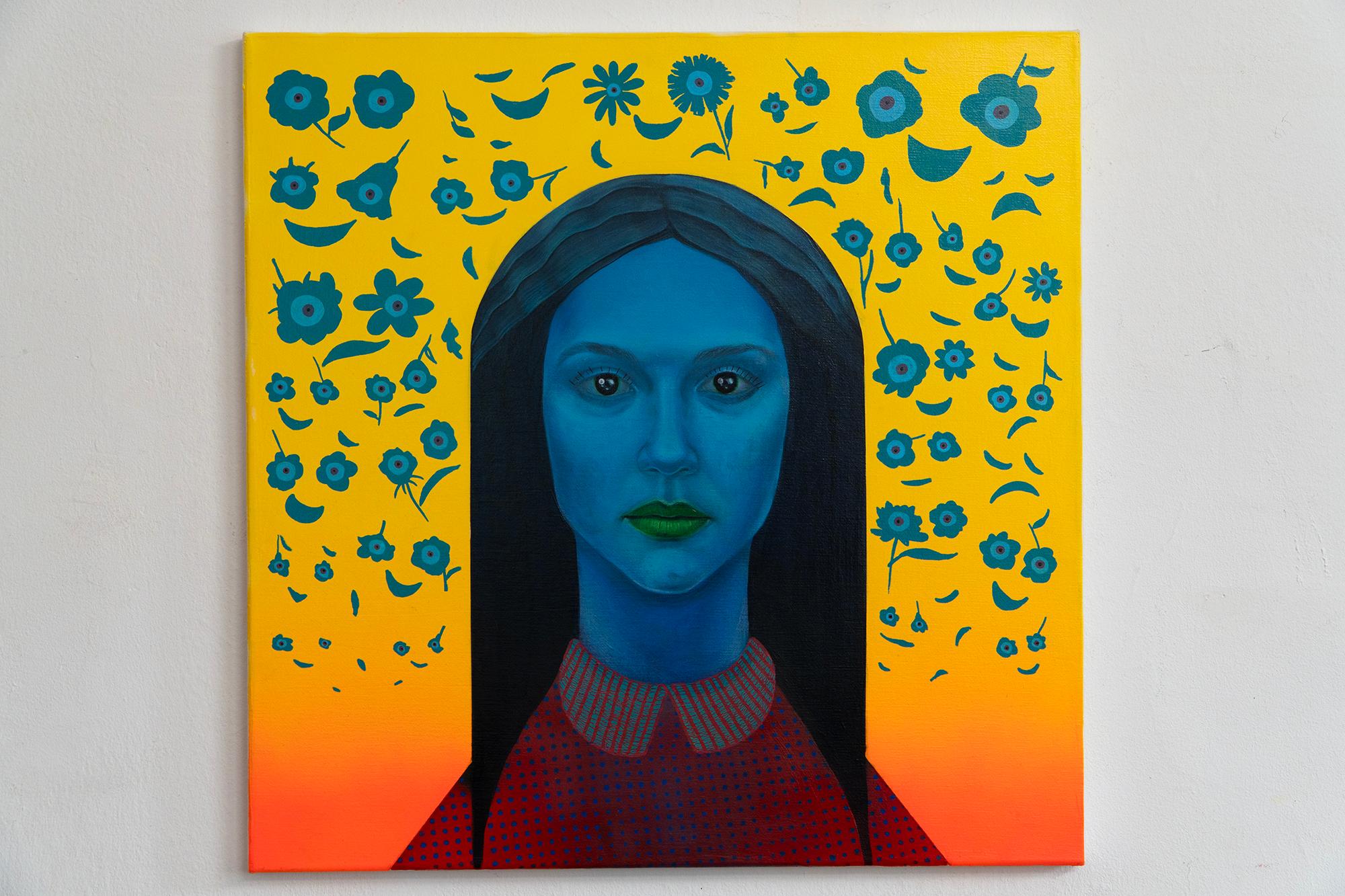 Retrato Azul Vibrante Con Motivos Florales Sobre Lienzo Amarillo, Arwork Original, 2024 en venta 3