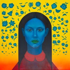 Retrato Azul Vibrante Con Motivos Florales Sobre Lienzo Amarillo, Arwork Original, 2024