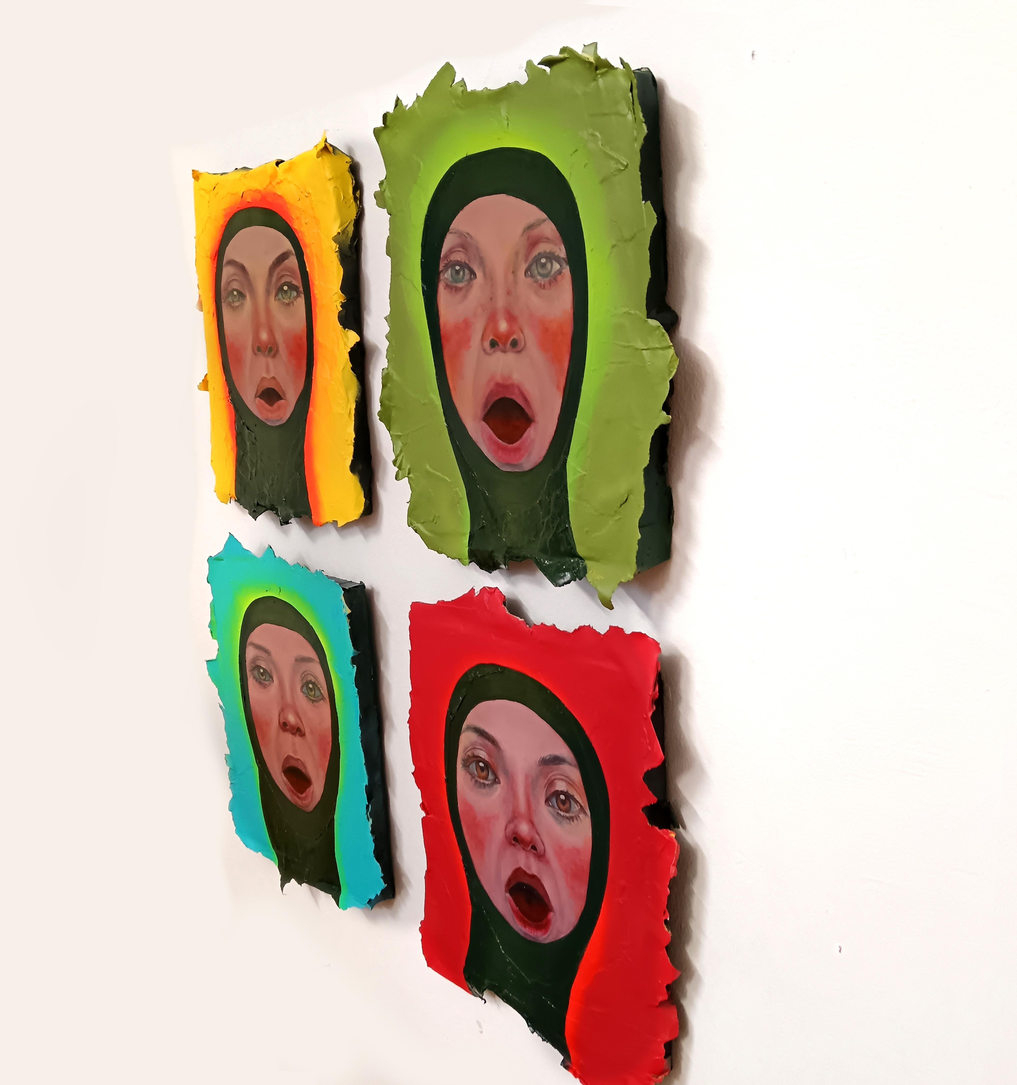 Leuchtend neonfarbene Chorister. Surrealistische Porträts singender Frauen. Dekorative Platte – Painting von Natasha Lelenco