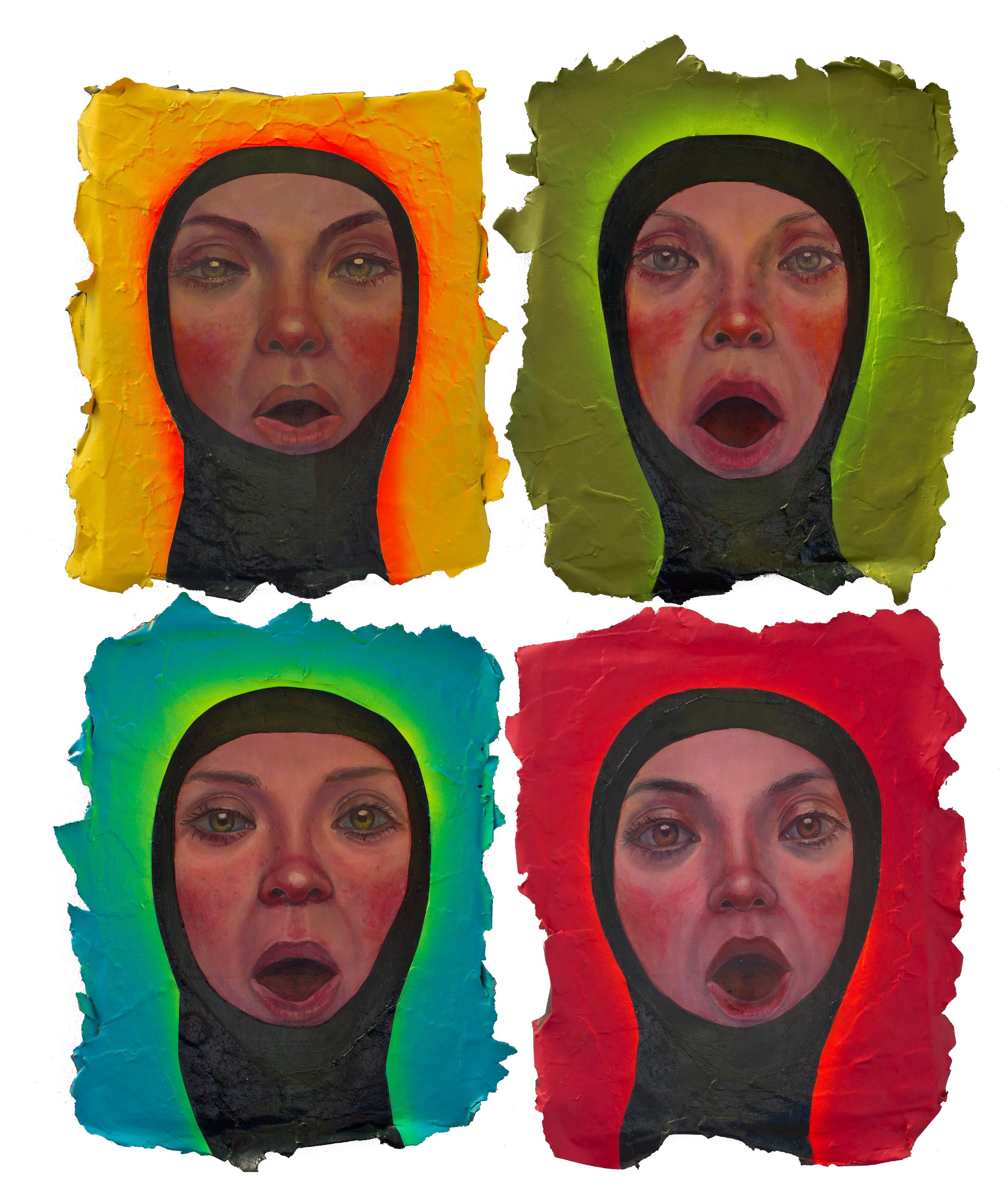 Leuchtend neonfarbene Chorister. Surrealistische Porträts singender Frauen. Dekorative Platte
