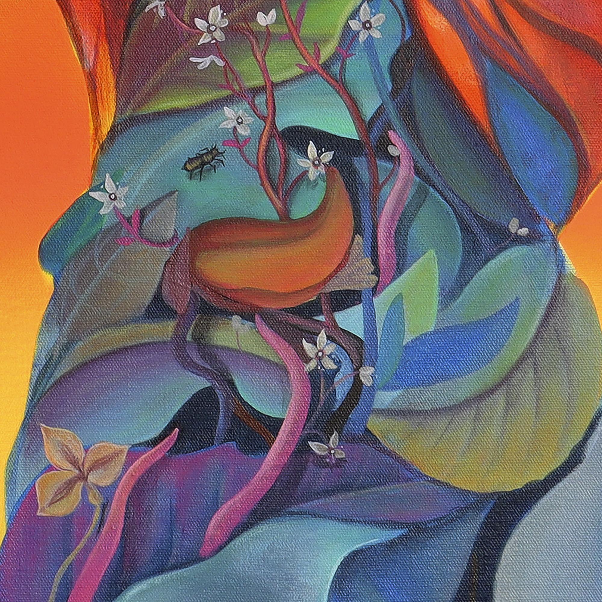 Anthropomorphic figure created by accumulating representations of flowers, plants, insects, and other elements of kitsch iconography, with intense, bright, and fluorescent colors. This painting is one of the works from the 