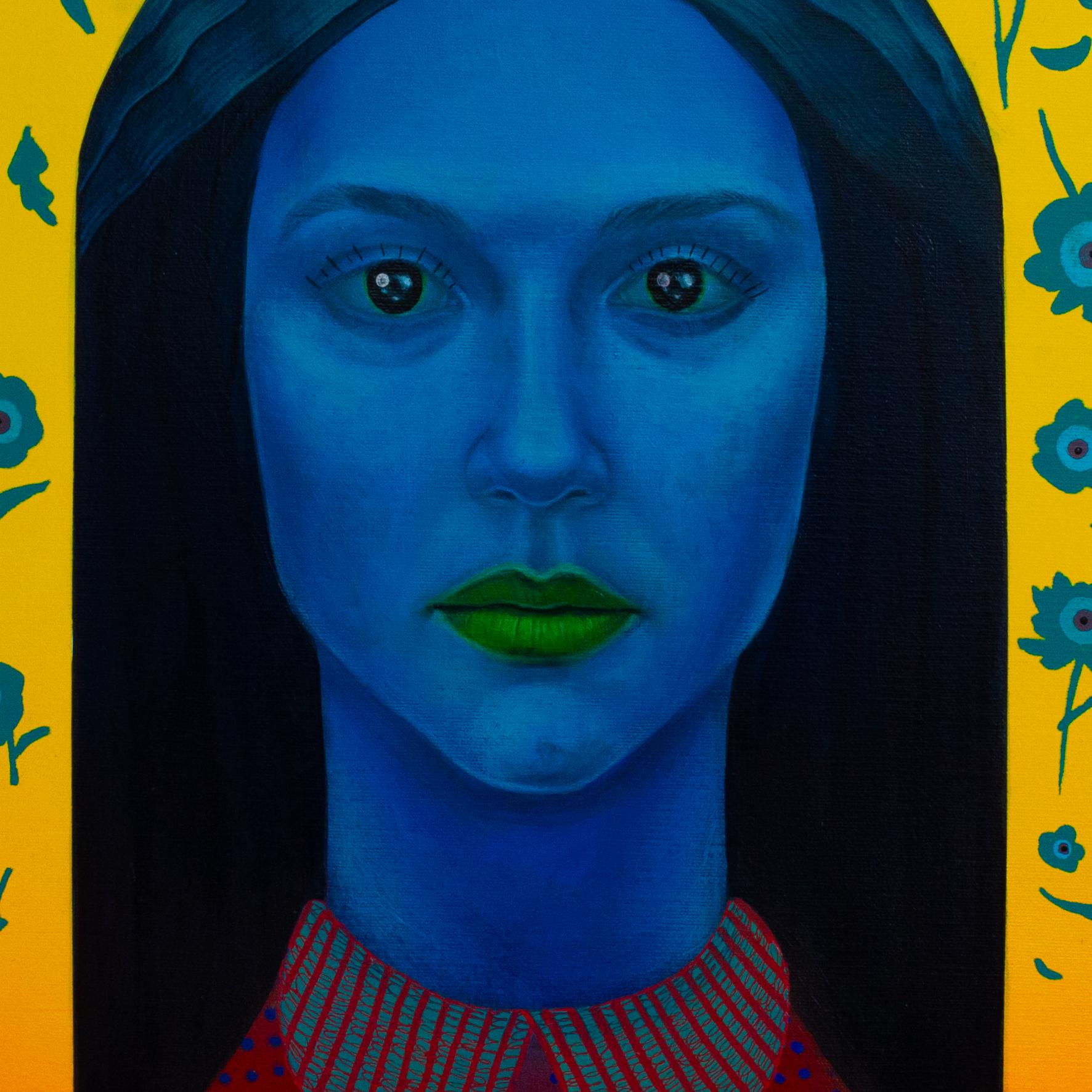 Retrato Azul Vibrante Con Motivos Florales Sobre Lienzo Amarillo, Arwork Original, 2024 - Painting de Natasha Lelenco