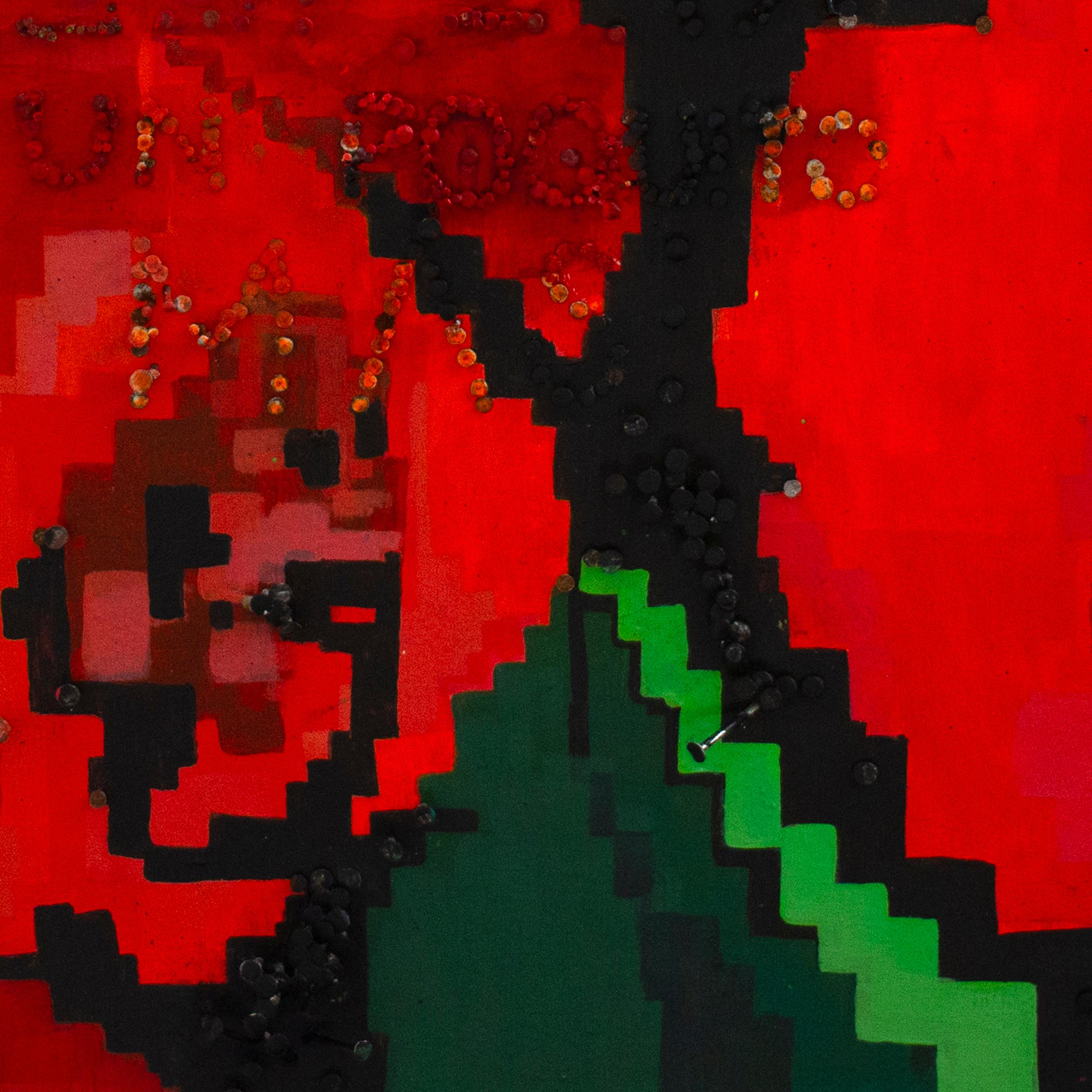 Volumetrische Blumenmalerei in Acryl auf Holz mit Moldawien-Teppich-Motiv – Painting von Natasha Lelenco