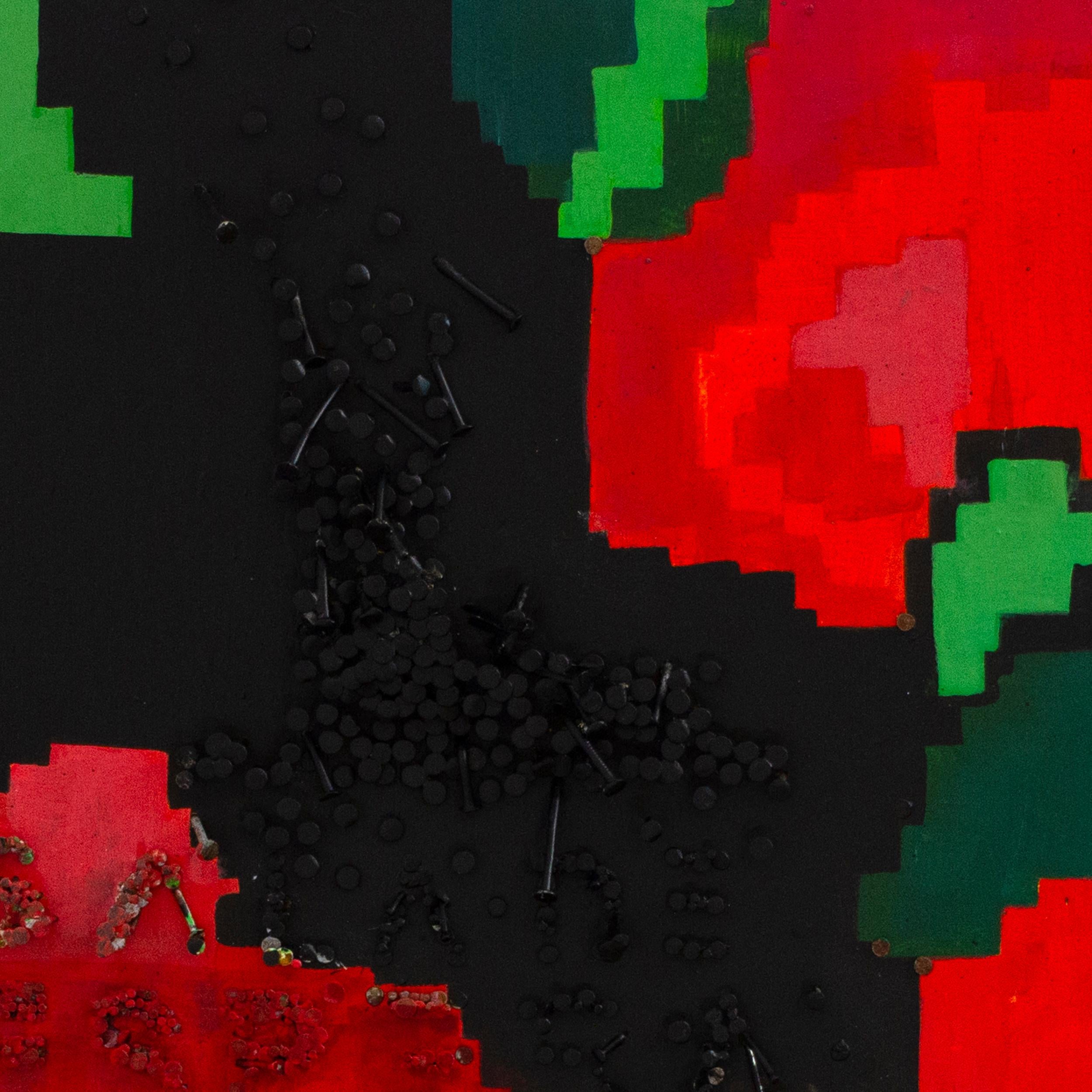 Volumetrische Blumenmalerei in Acryl auf Holz mit Moldawien-Teppich-Motiv (Zeitgenössisch), Painting, von Natasha Lelenco