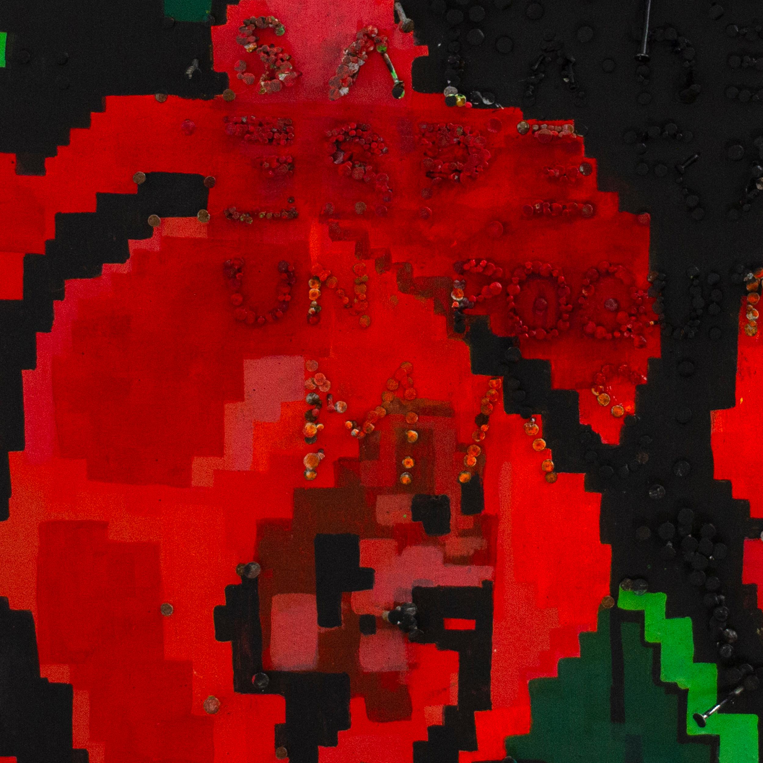 Volumetrische Blumenmalerei in Acryl auf Holz mit Moldawien-Teppich-Motiv (Braun), Abstract Painting, von Natasha Lelenco