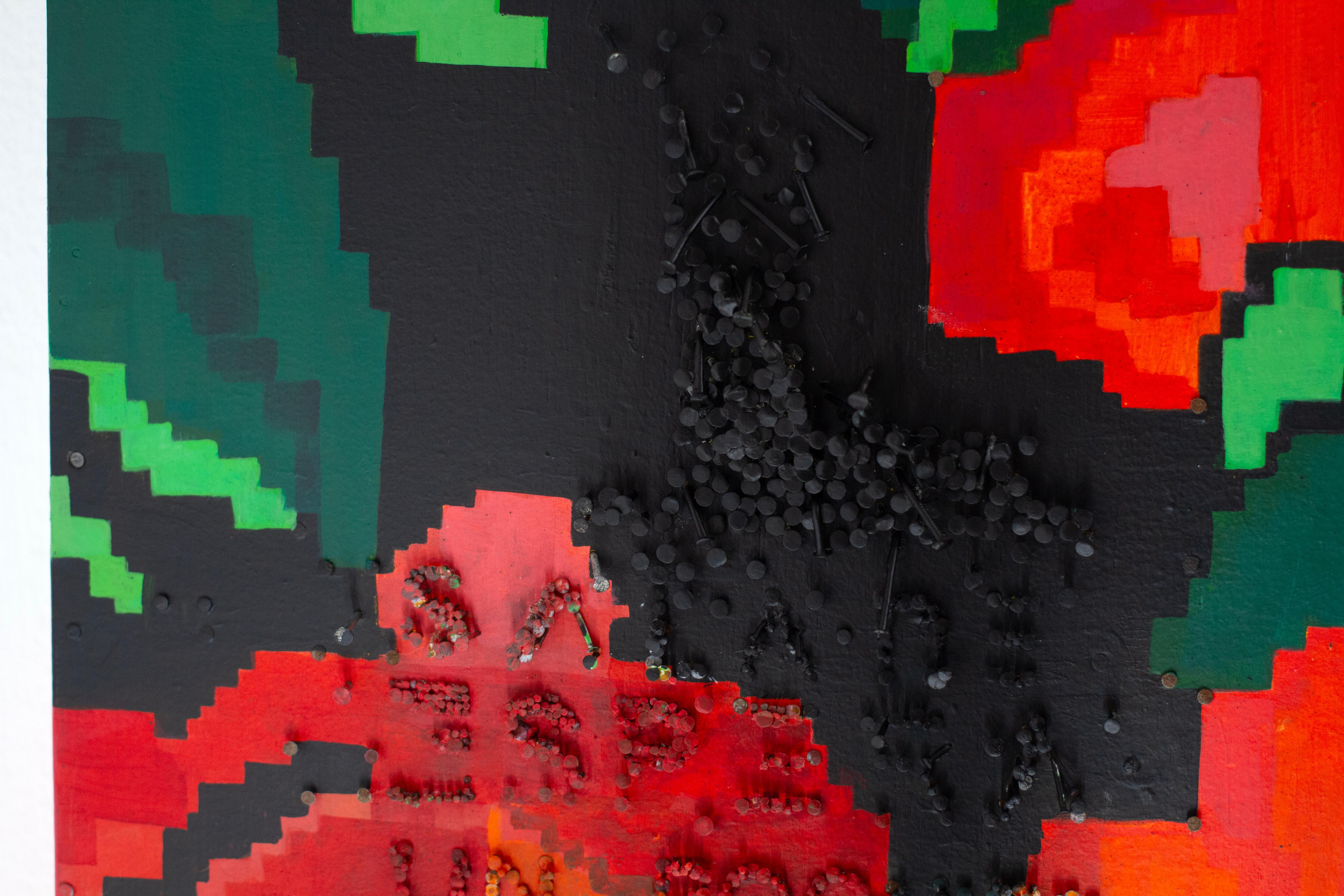 Dieses volumetrische Blumenbild kombiniert Acryl, Reliefelemente und ein moldawisches Teppichmotiv, um Zerbrechlichkeit, Widerstandsfähigkeit und kulturelle Erinnerung zu erforschen. Das für die Installation Sala de Espera, Un Poquito Más auf der