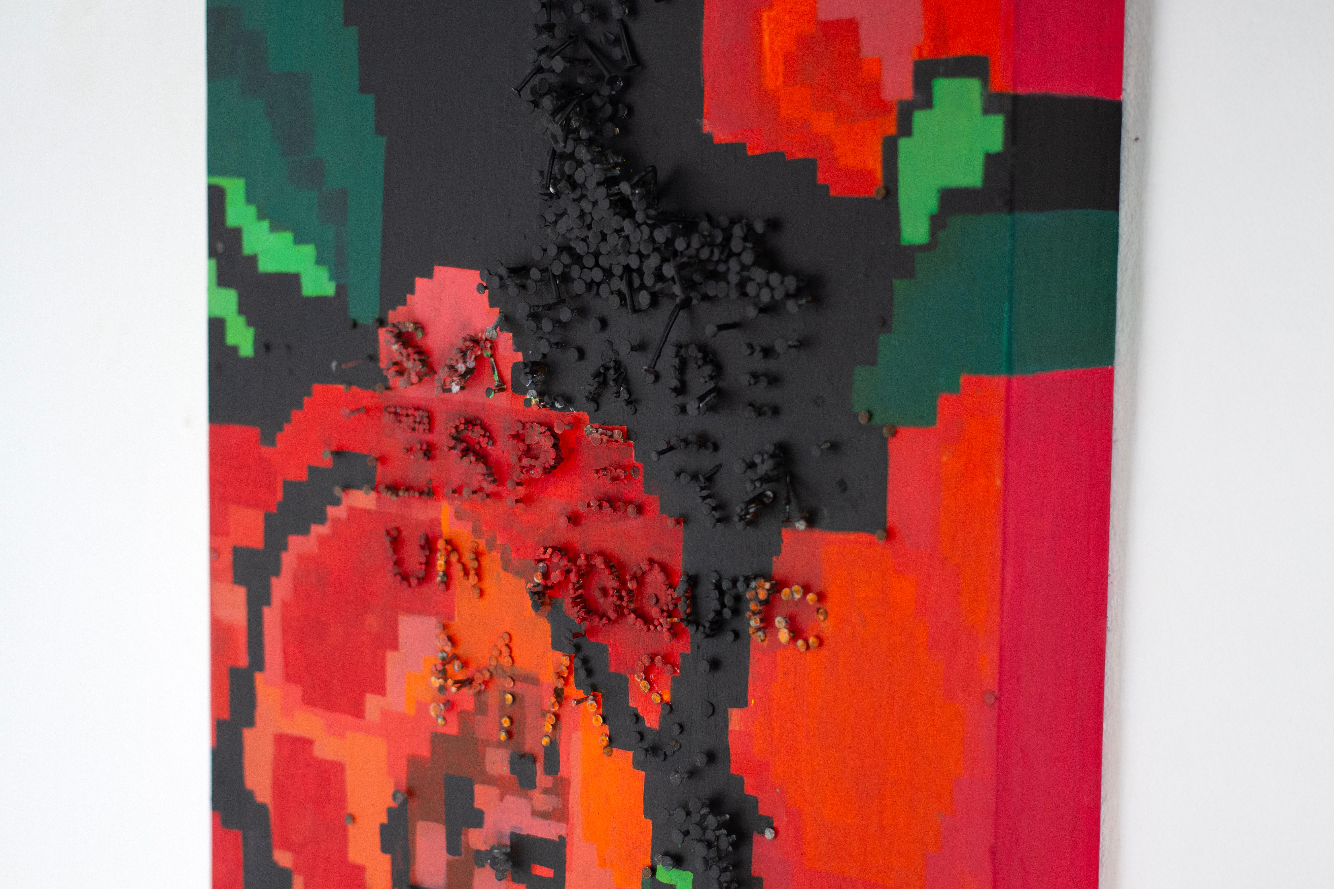 Volumetrische Blumenmalerei in Acryl auf Holz mit Moldawien-Teppich-Motiv im Angebot 2