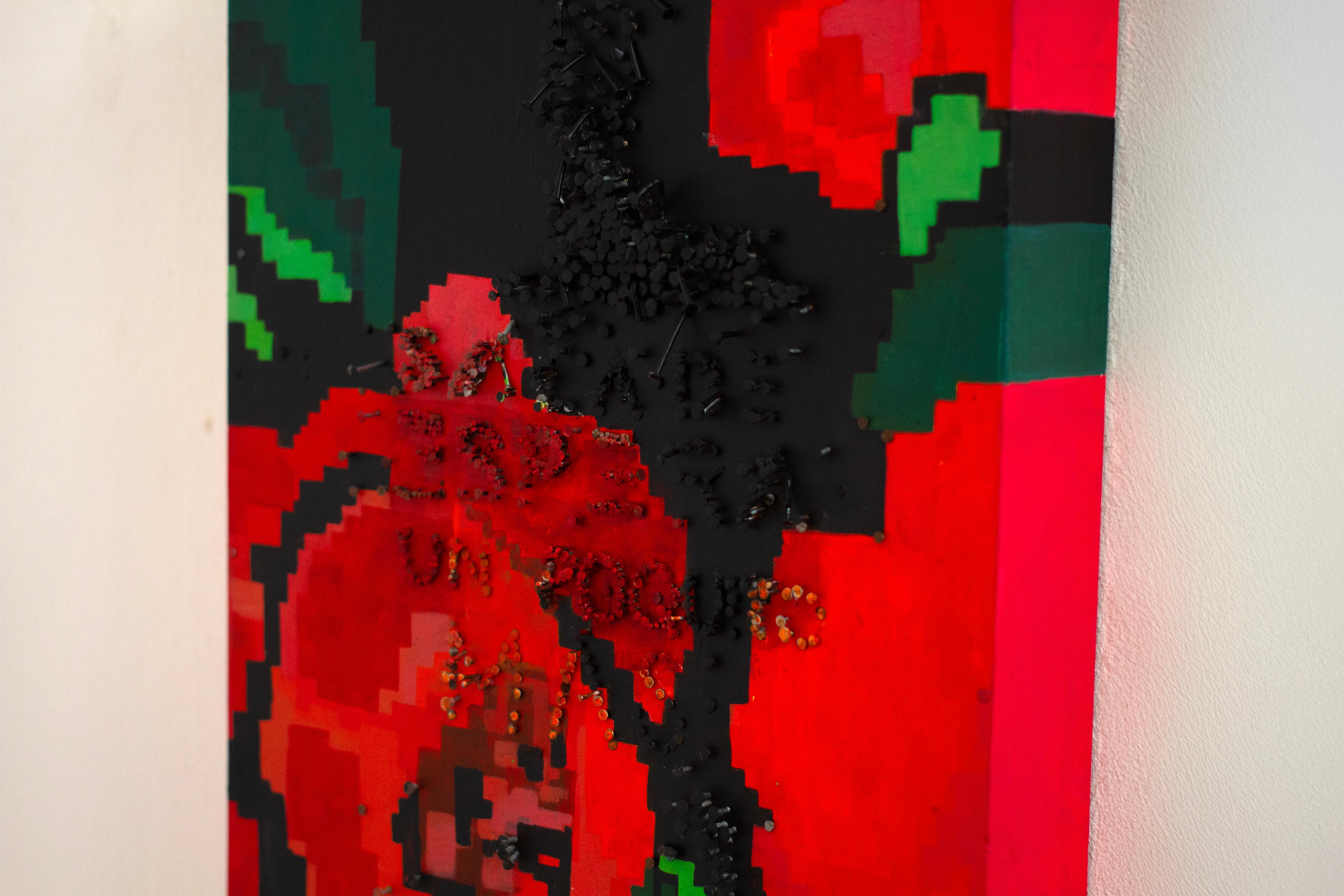 Volumetrische Blumenmalerei in Acryl auf Holz mit Moldawien-Teppich-Motiv im Angebot 3