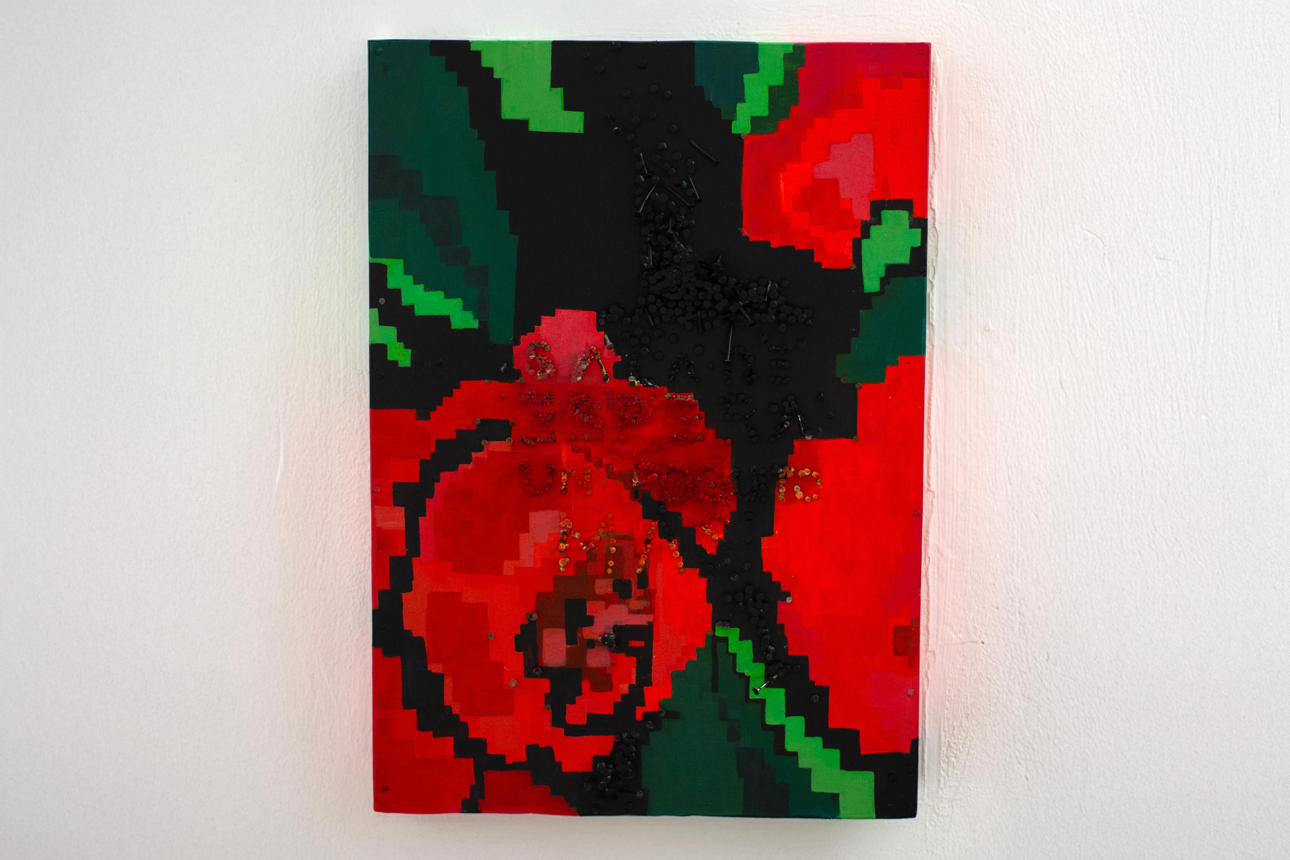 Volumetrische Blumenmalerei in Acryl auf Holz mit Moldawien-Teppich-Motiv im Angebot 4