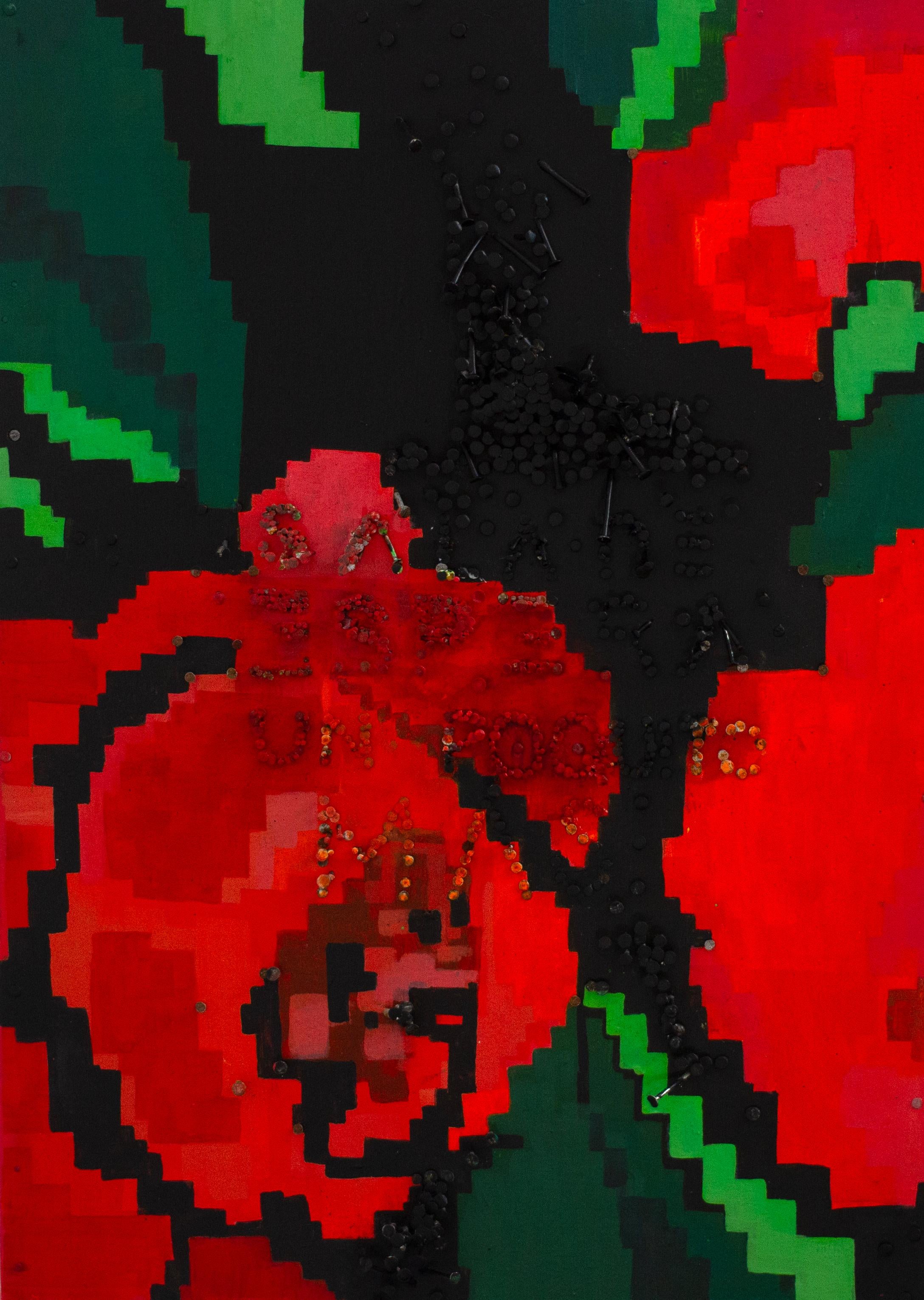 Volumetric Floral Painting in Acrylic on Wood with Moldavian Carpet Motif