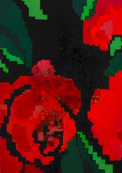 Pittura floreale volumetrica in acrilico su legno con motivo a tappeto moldavo