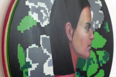 Female Profile Tondo Painting with Green Floral Pixel Pattern on Wood
