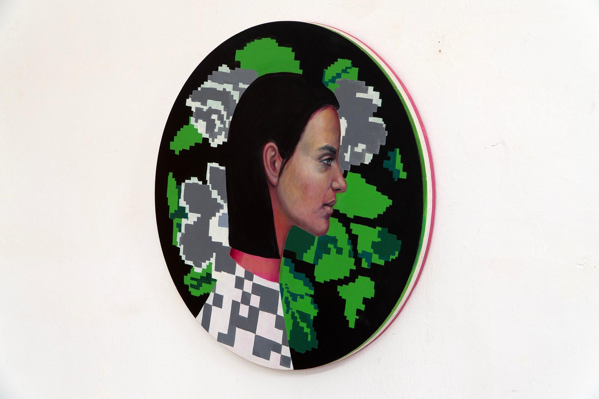 Woman Portrait On A Wooden Circle With Flowers And Pixels. 