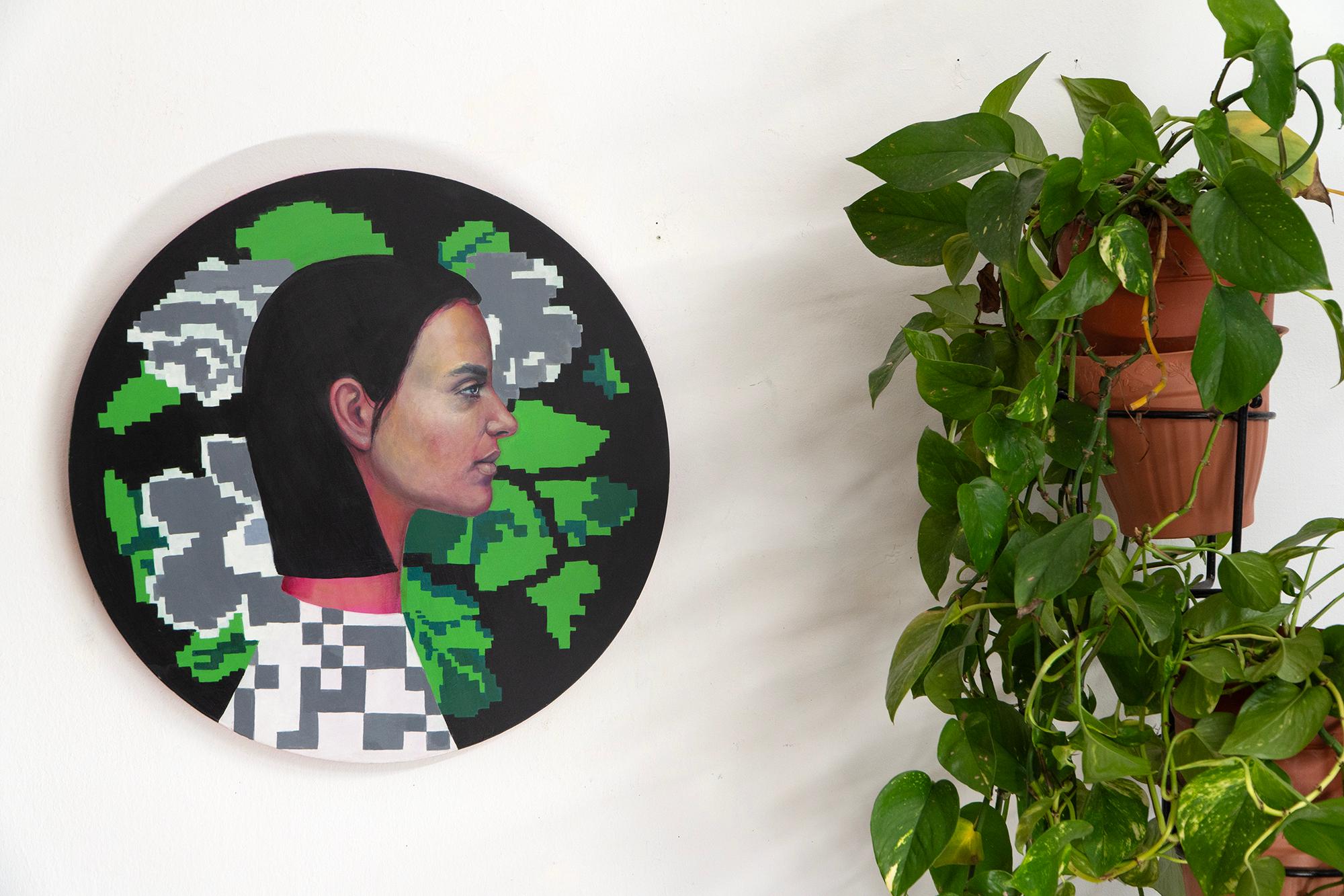Woman Portrait On A Wooden Circle With Flowers And Pixels. 