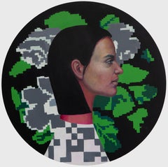 Retrato De Mujer Sobre Un Círculo De Madera Con Flores Y Píxeles. "Moneda nº 2"