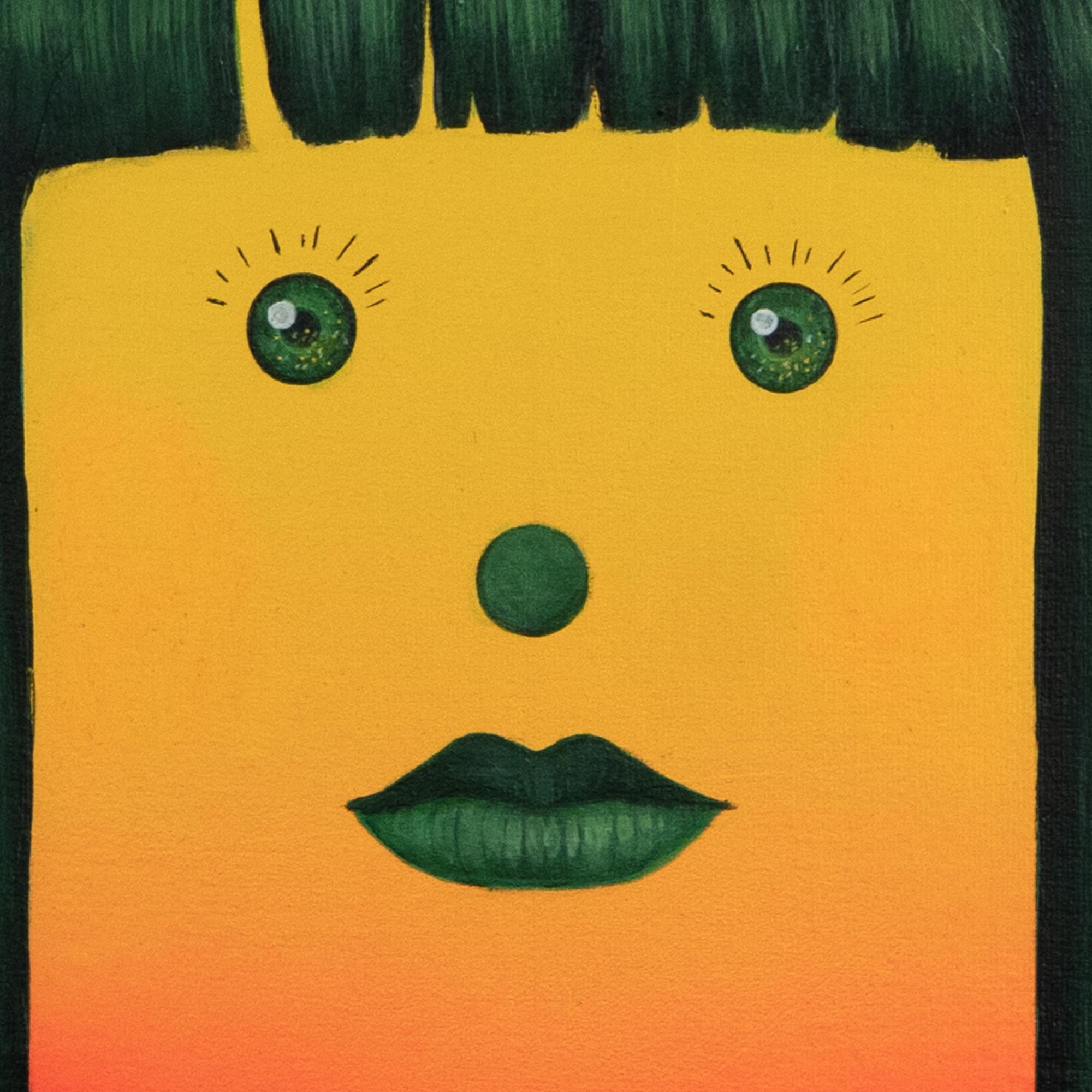 Retrato amarillo y rojo con pelo verde - Pintura acrílica surrealista pop, 2024 - Painting de Natasha Lelenco