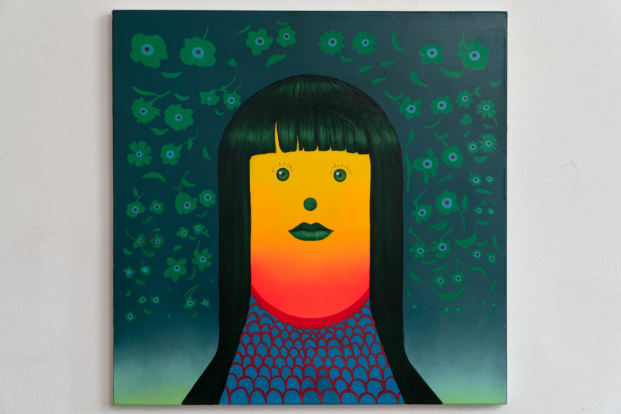 Retrato amarillo y rojo con pelo verde - Pintura acrílica surrealista pop, 2024 en venta 1